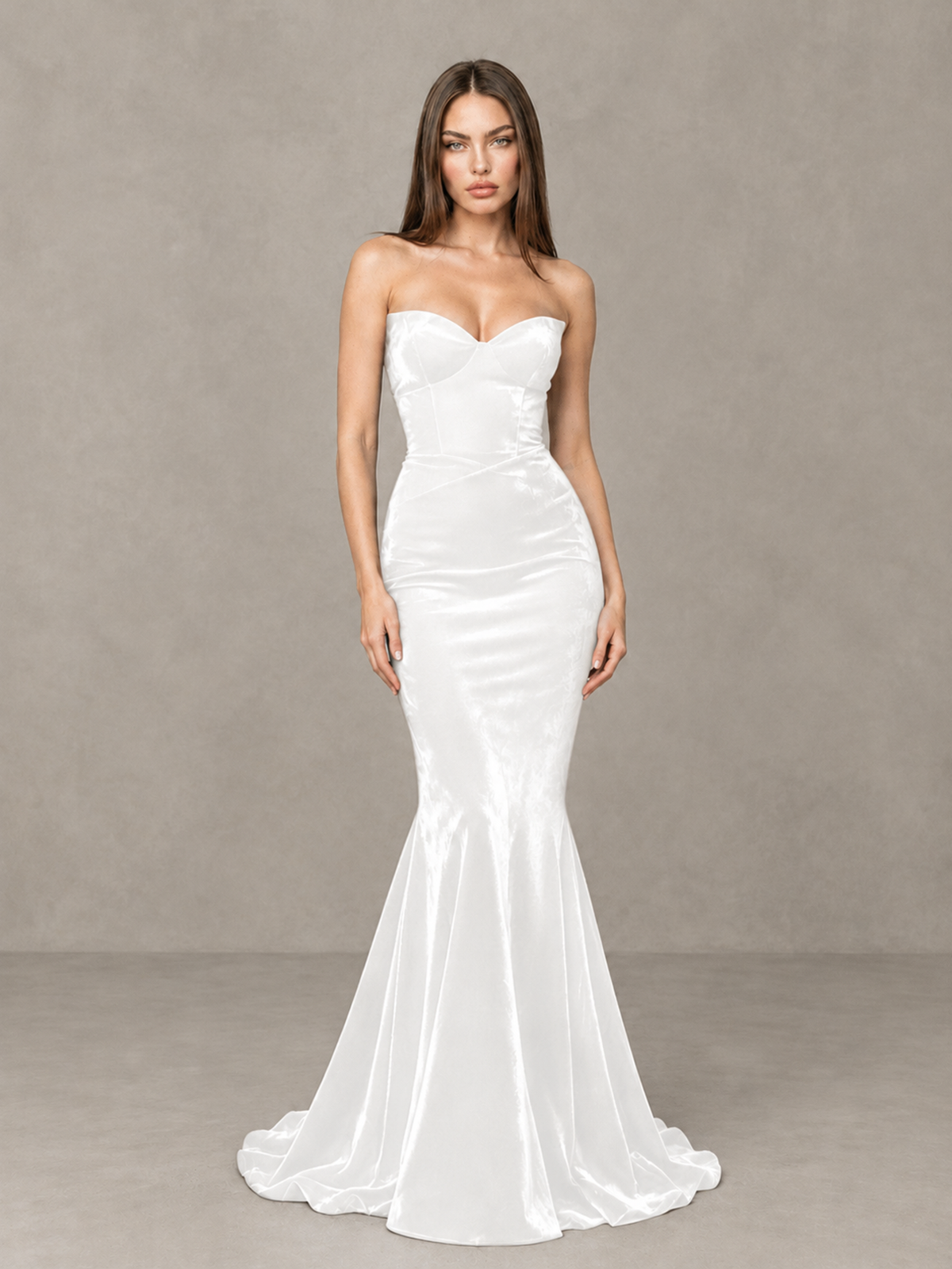 BOLODOO White Strapless Sweetheart Velvet-Look Mermaid Evening Dress - White - White_3