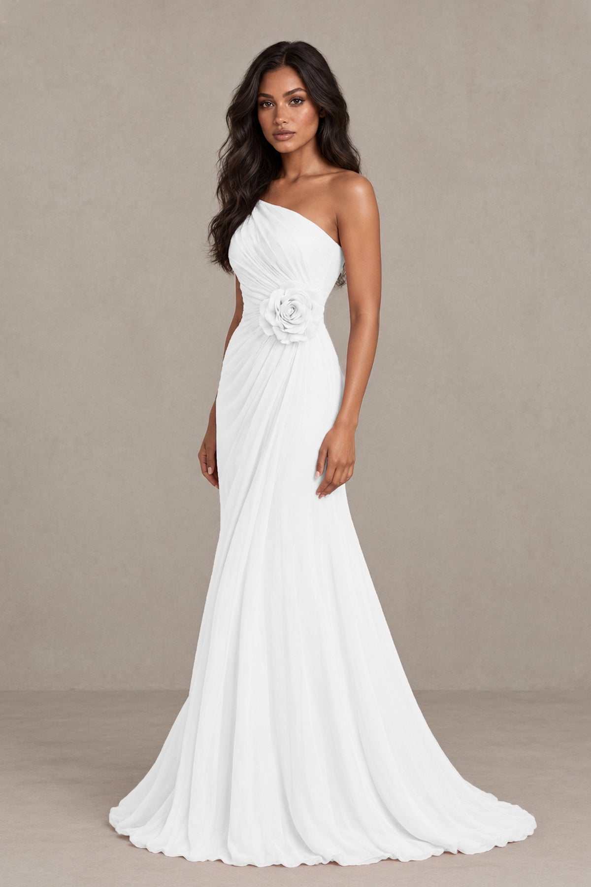 BOLODOO White One-Shoulder Floral Ruched Maxi Dress - White