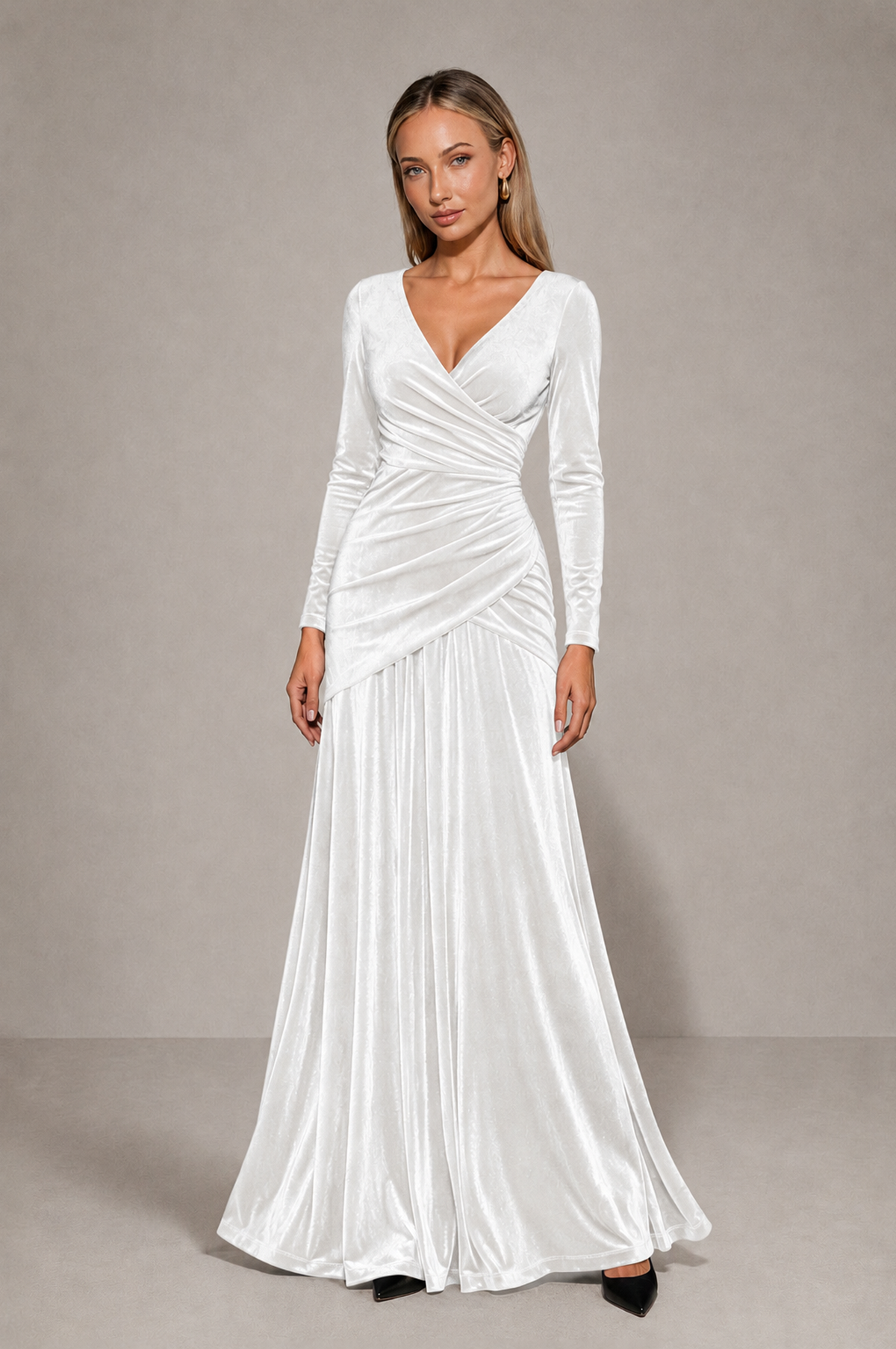 BOLODOO White Velvet Long Sleeve V-Neck Ruched Evening Dress - White - White_3