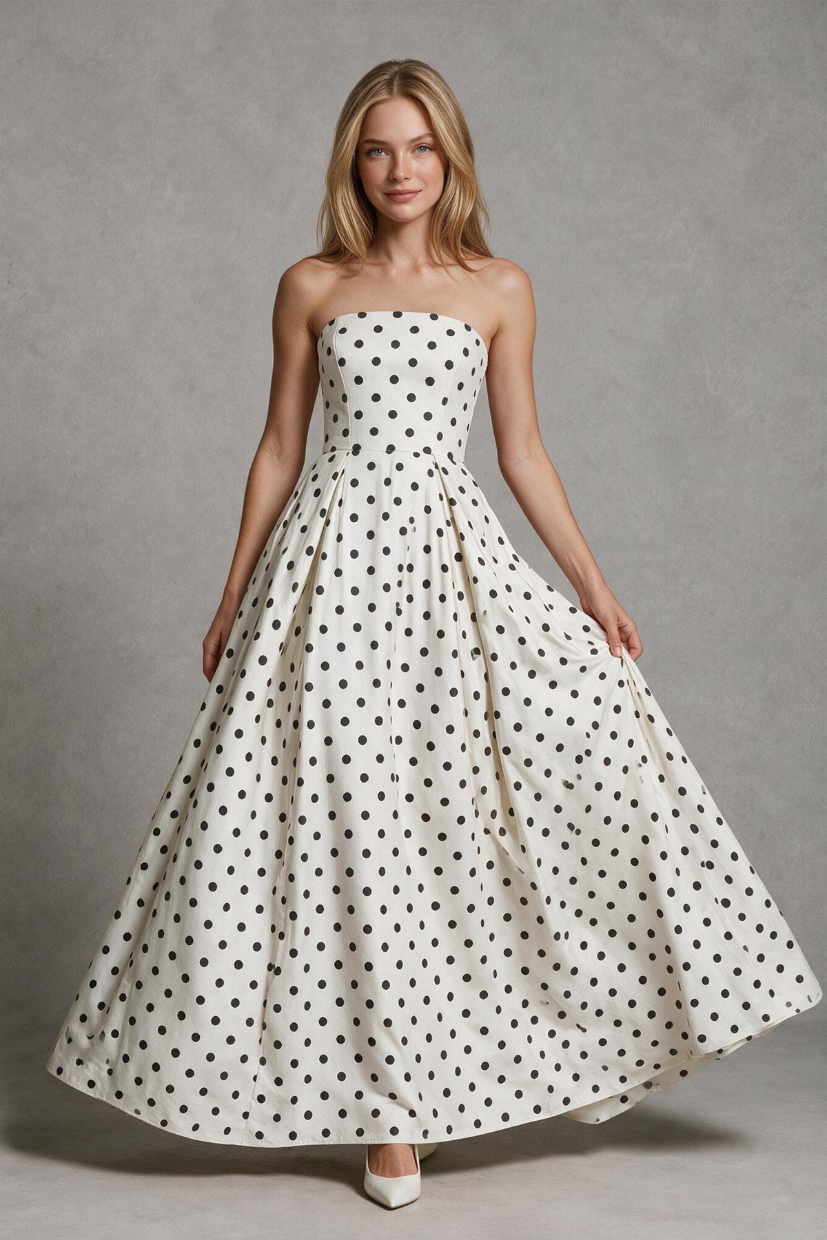 BOLODOO White Polka Dot Strapless Lace-Up Back A-Line Maxi Dress - White