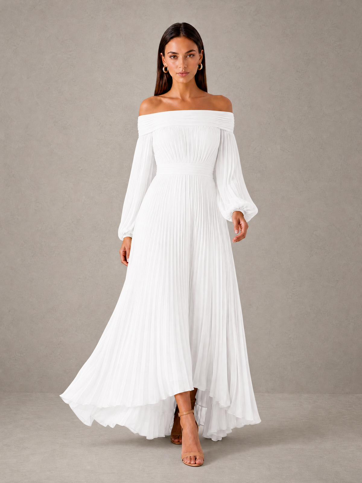 BOLODOO White Off-Shoulder Long Sleeve Pleated High-Low Dress - White - White_3