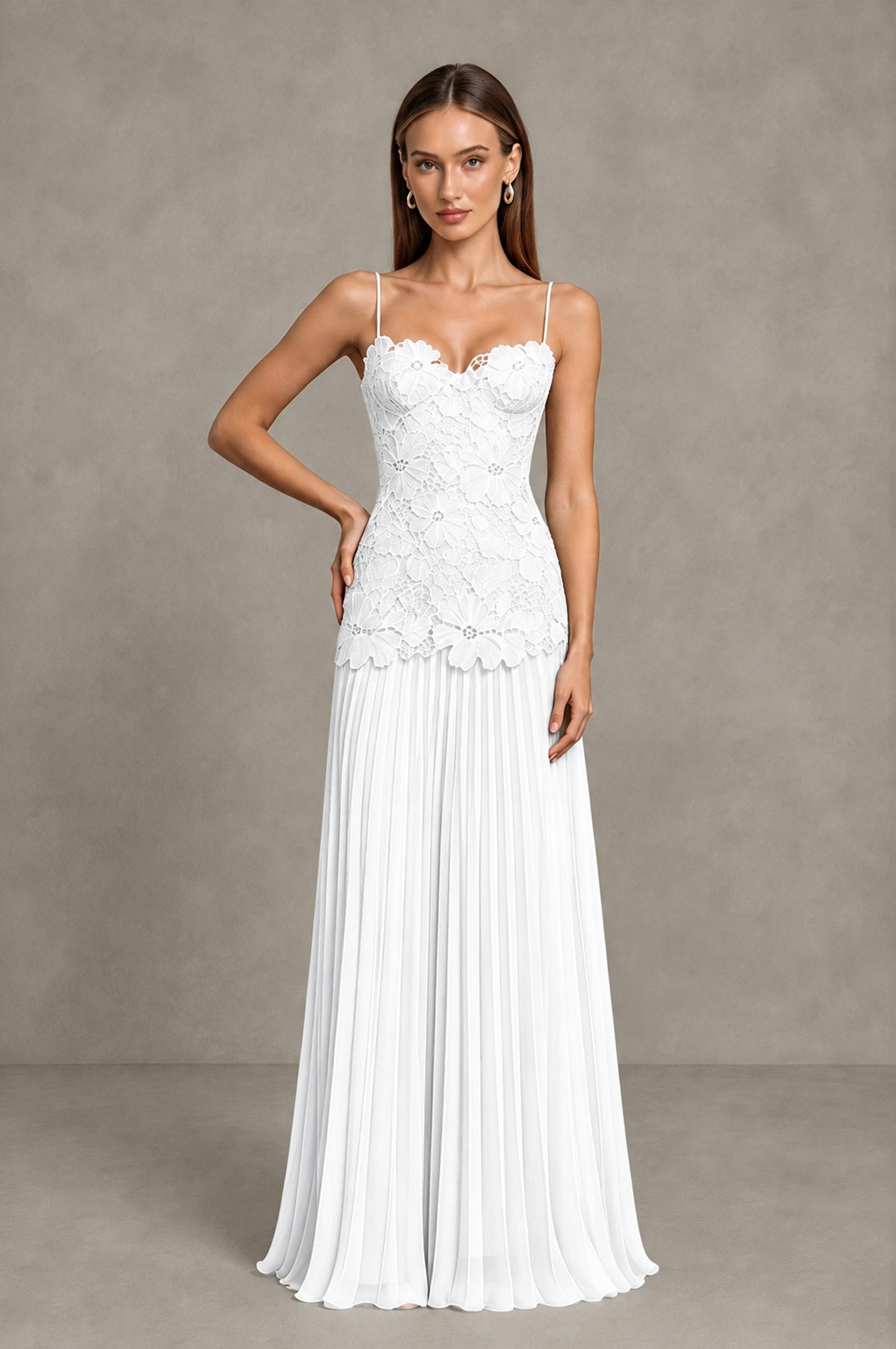 BOLODOO White Lace Bodice Pleated Wedding Guest Dress - White - White_3