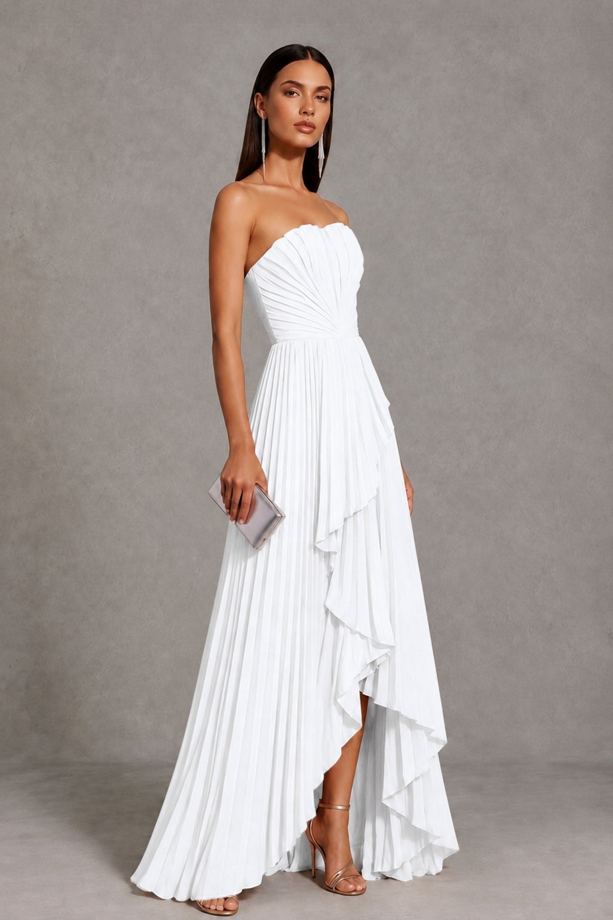 White Strapless Pleated High-Low Evening Gown with Ruffle Hem - White