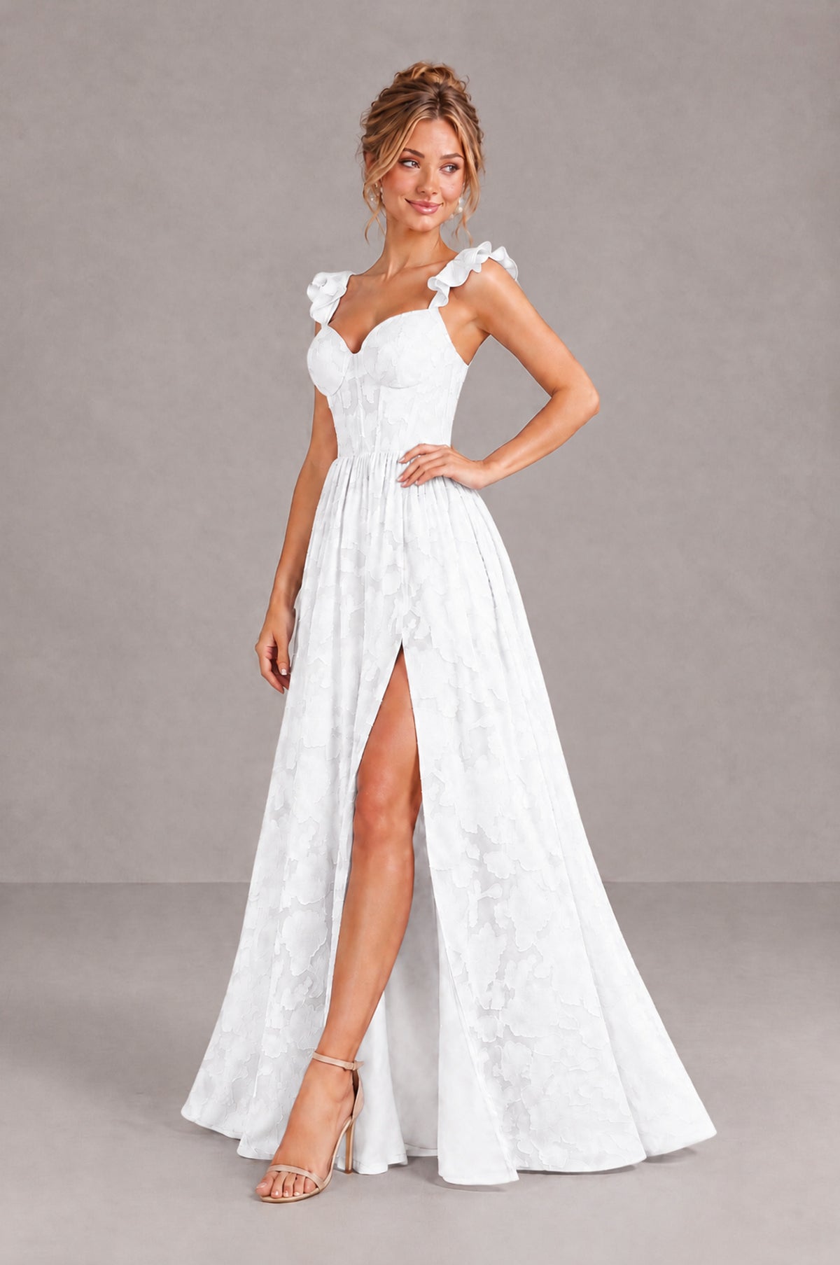 BOLODOO White Floral A-Line Bridesmaid Dress with Slit Ruffle Straps Maxi Gown - White - White_3