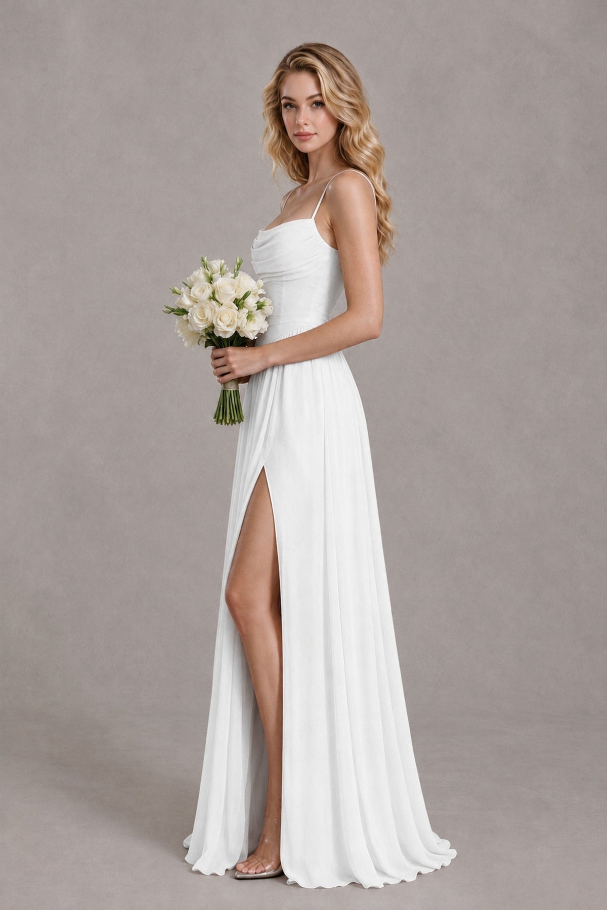 BOLODOO White Spaghetti Strap A-Line Bridesmaid Dress with Slit - White - White_3