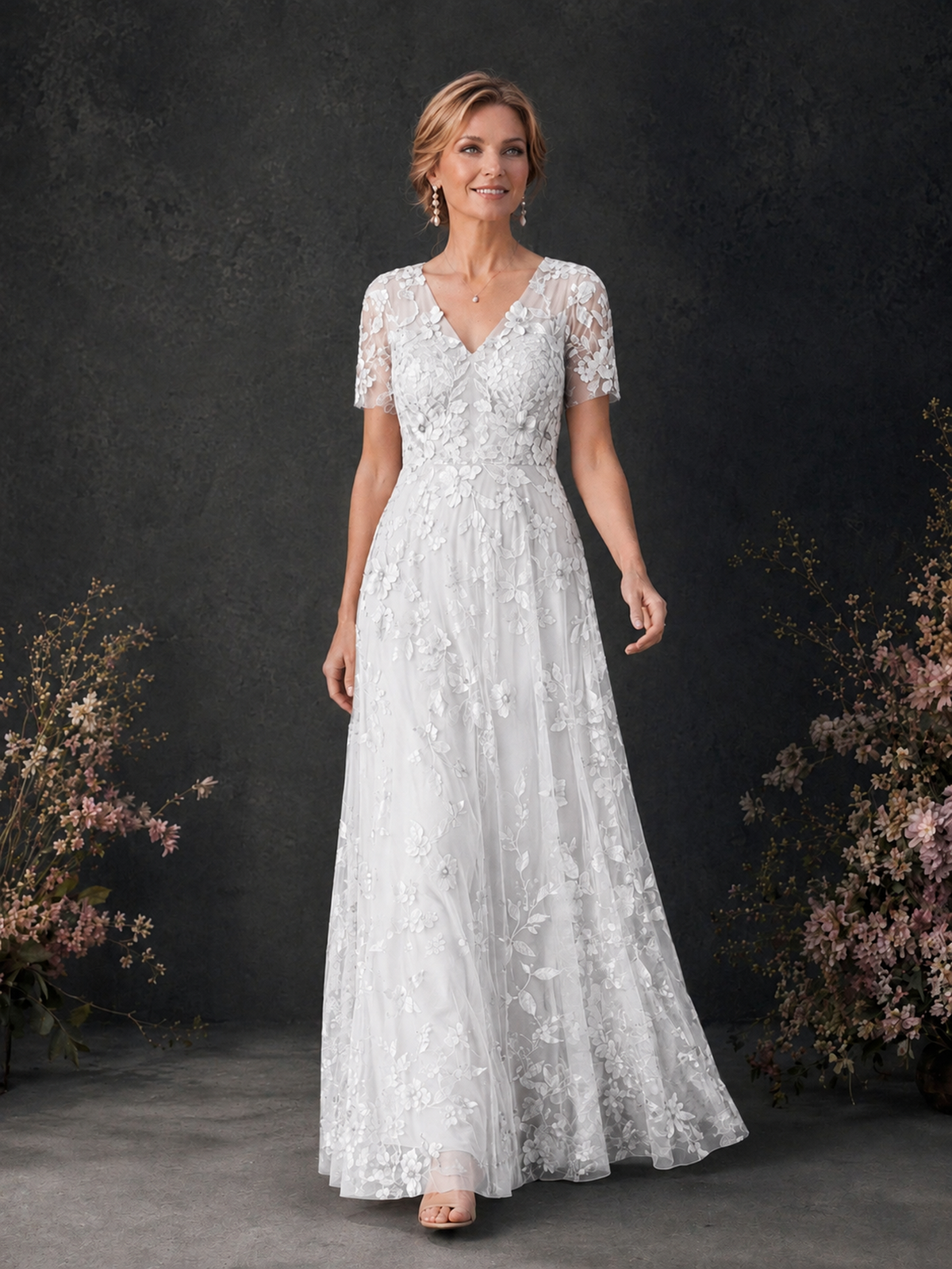 BOLODOO White 3D Floral Embroidered Lace V-Neck Short Sleeve A-Line Maxi Dress - White