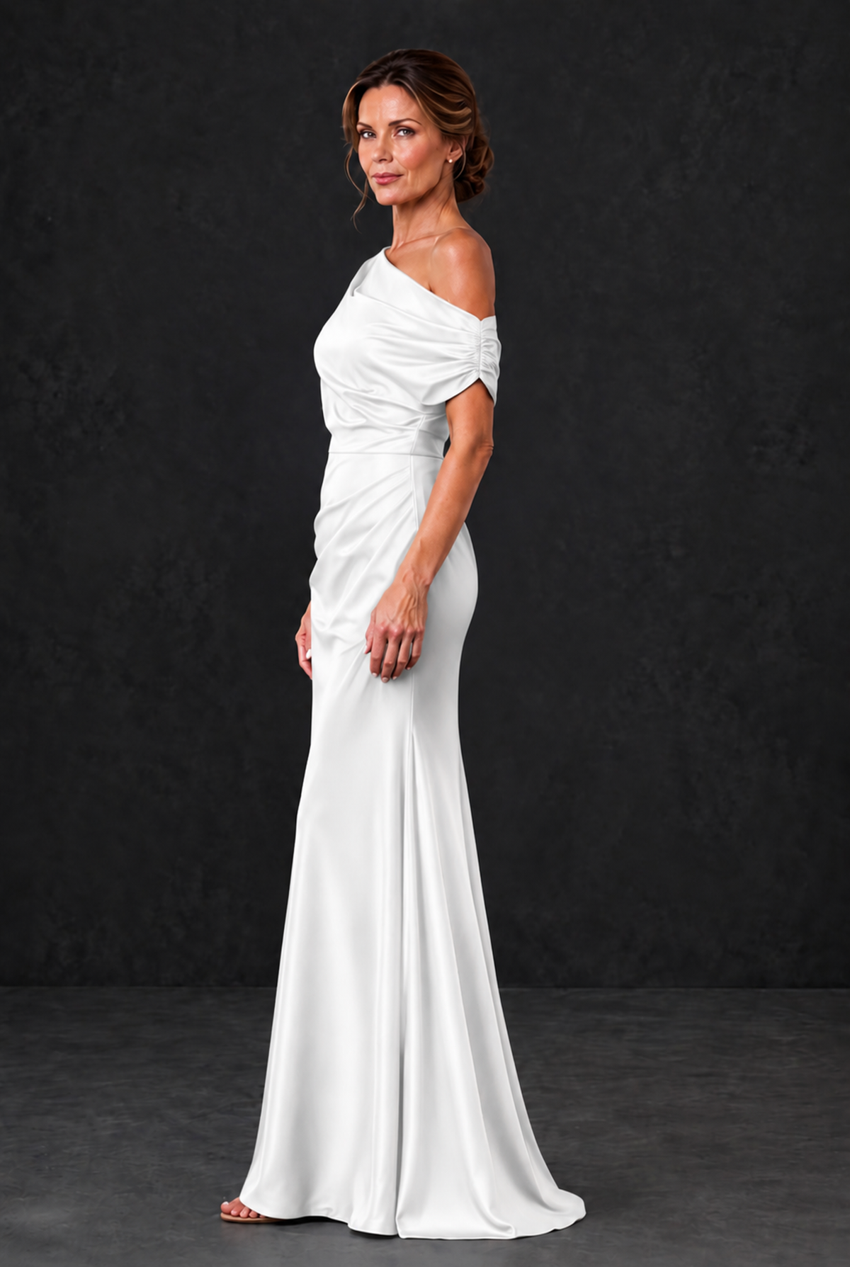 BOLODOO White Asymmetric Ruched Mother of the Bride Dress - White - White_3