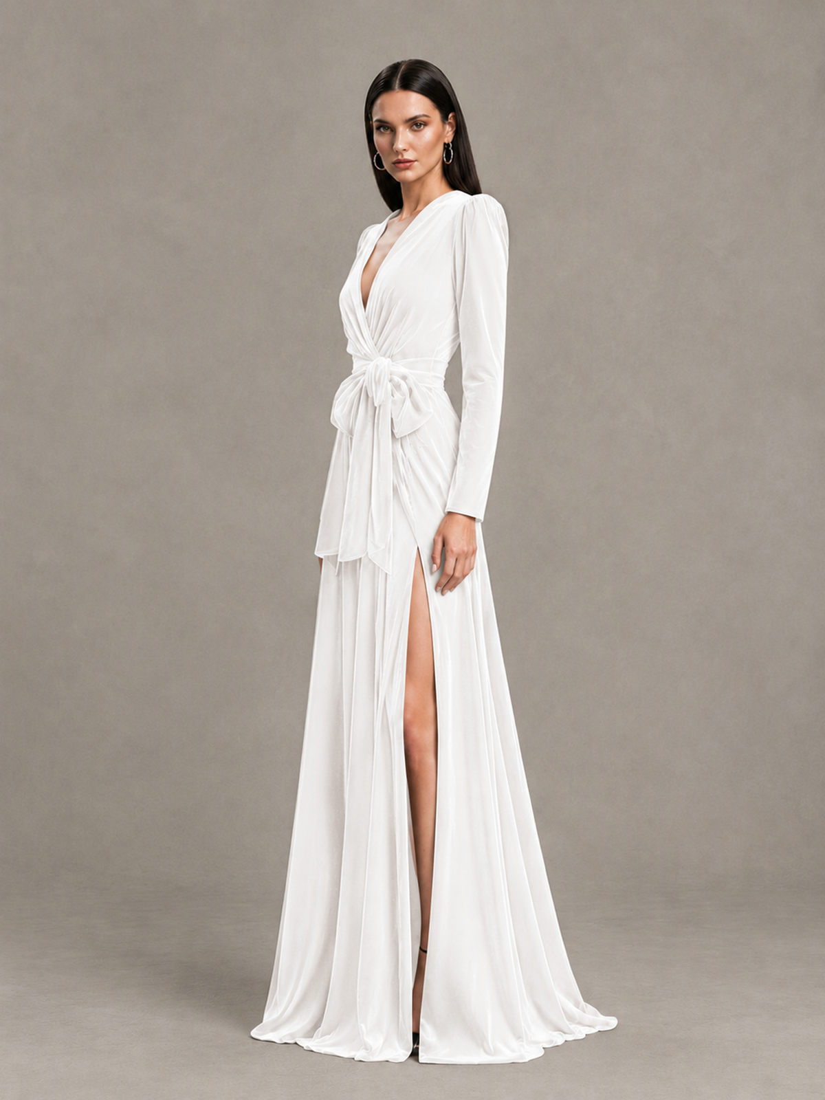 BOLODOO White Long Sleeve Velvet-Look Evening Dress with High Slit - White - White_3