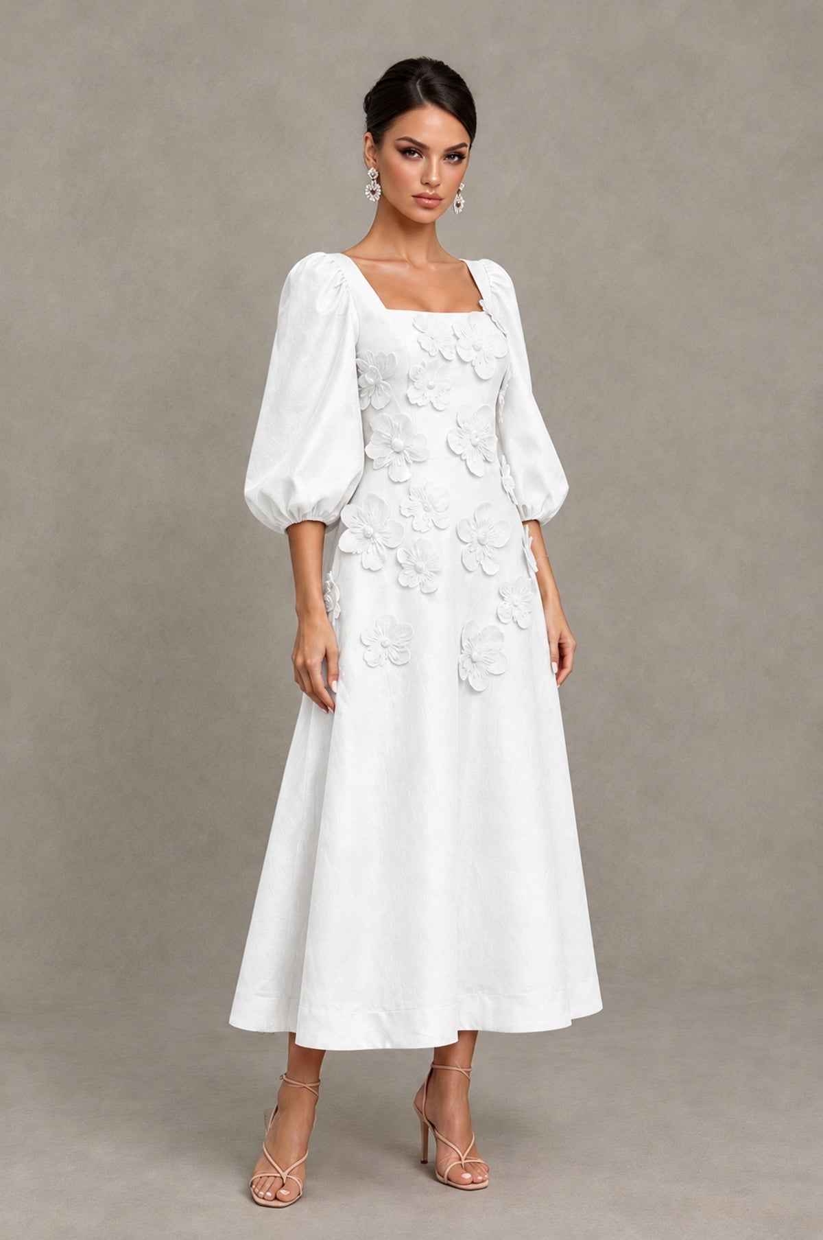 BOLODOO White 3D Floral Puff Sleeve Midi Cocktail Dress - White - White_3