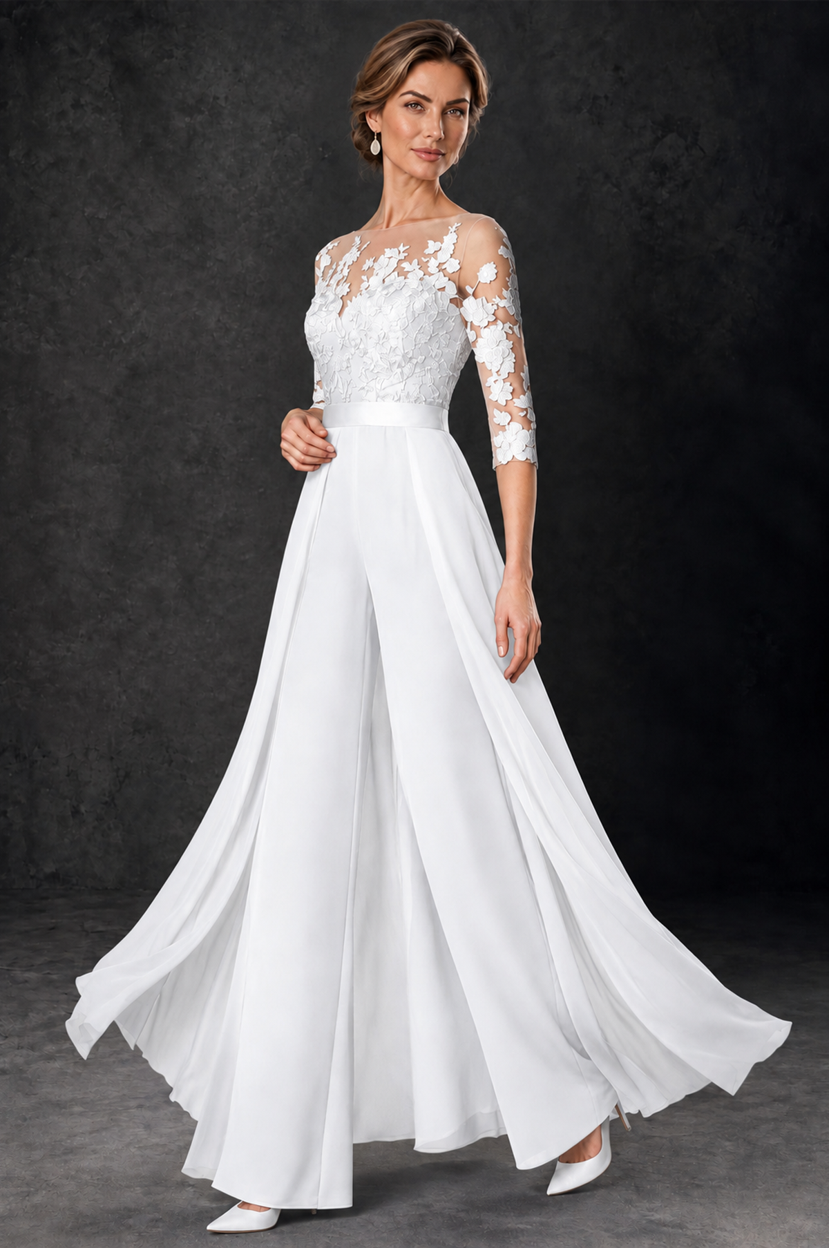 BOLODOO White Lace Wide-Leg Jumpsuit with Three-Quarter Sleeves - White - White_3
