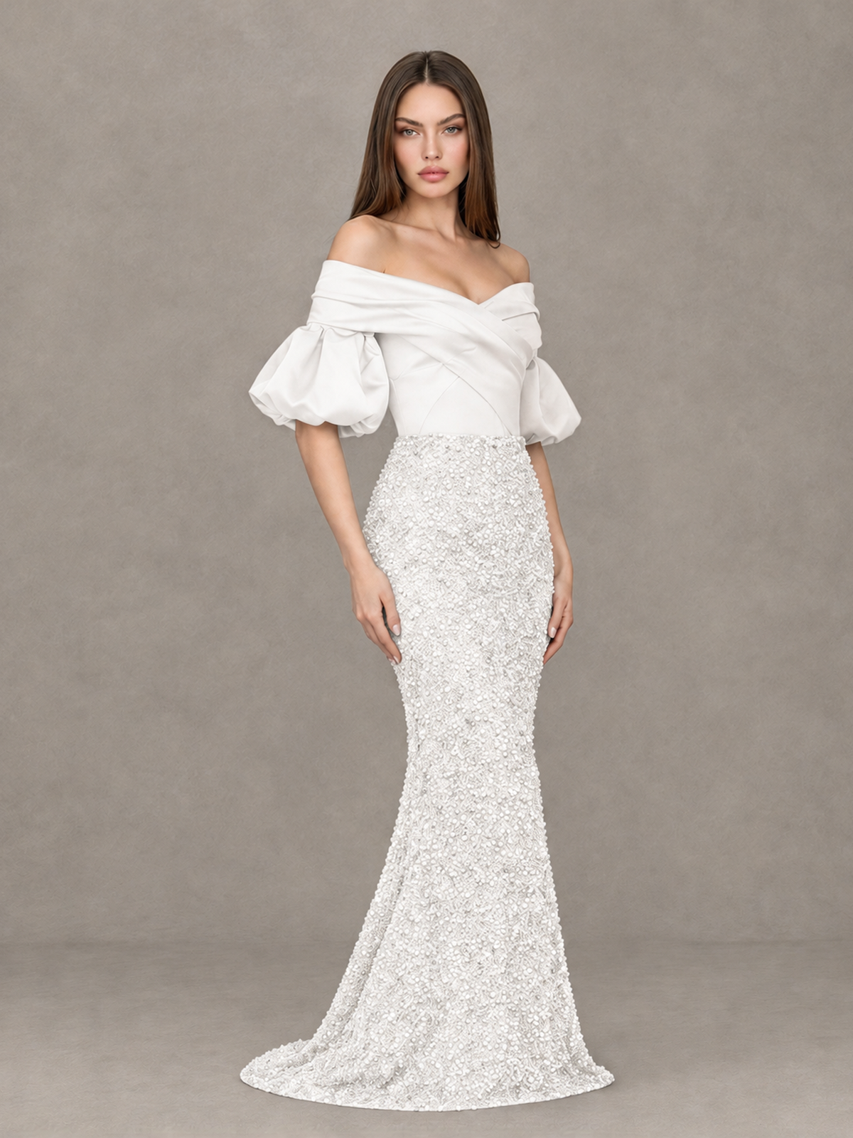 BOLODOO White Off-Shoulder Puff Sleeve Sequin Mermaid Evening Dress - White - White_3