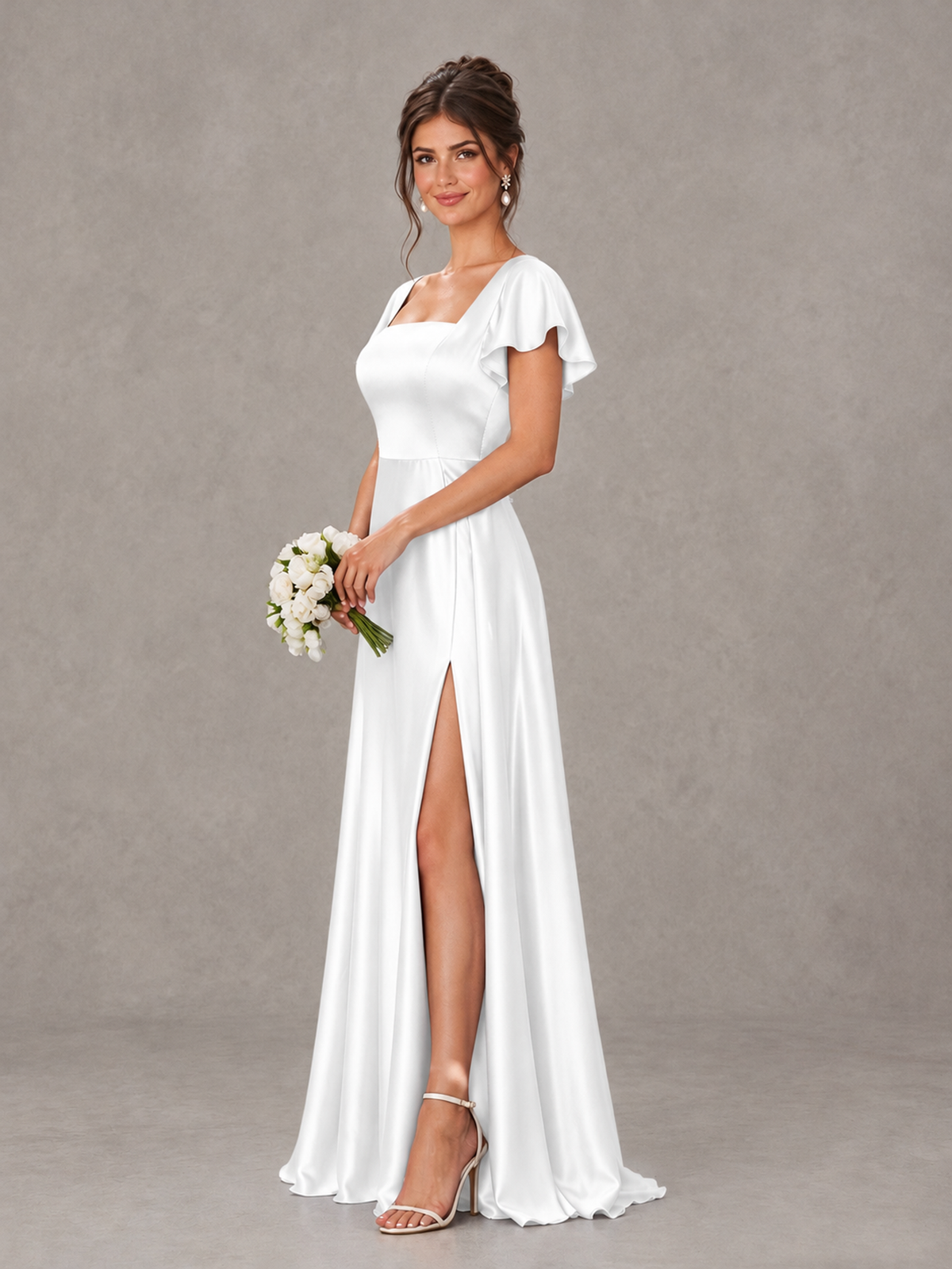 BOLODOO White Satin Square Neck Flutter Sleeve A-Line Bridesmaid Dress with Slit - White - White_3