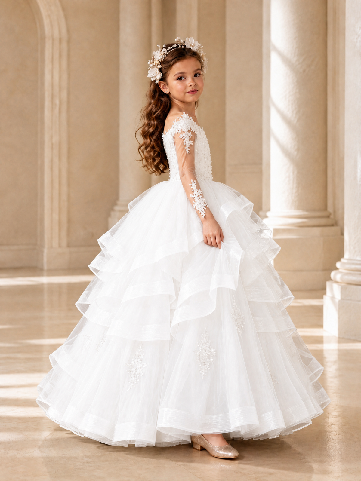 BOLODOO White Lace Long Sleeve Tiered Flower Girl Dress - White - White_3
