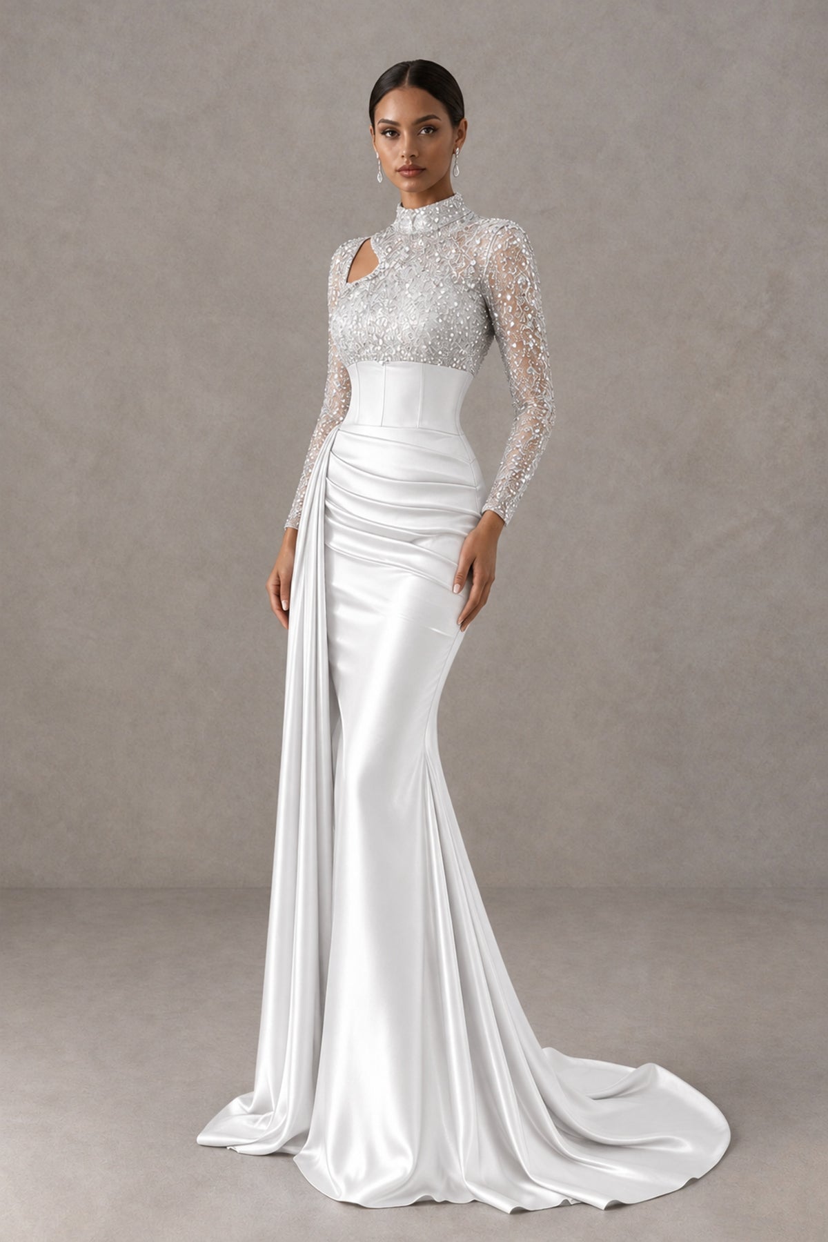 BOLODOO White Long Sleeve Embellished Satin Mermaid Evening Gown - White - White_3