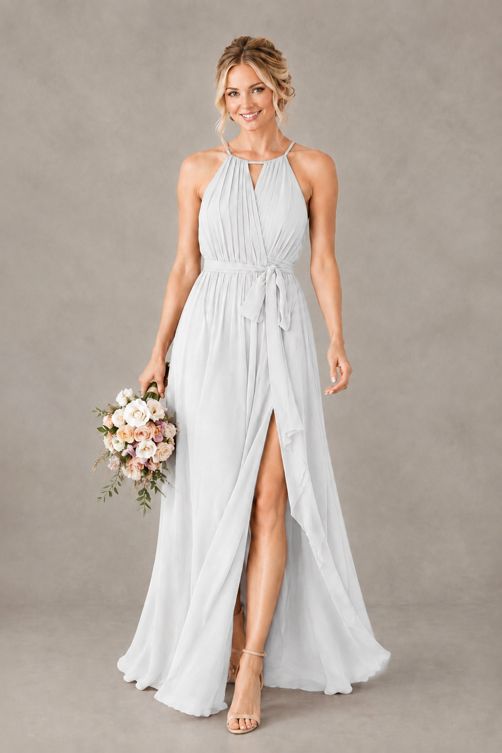 BOLODOO White Halter Chiffon Bridesmaid Dress with High Slit - White