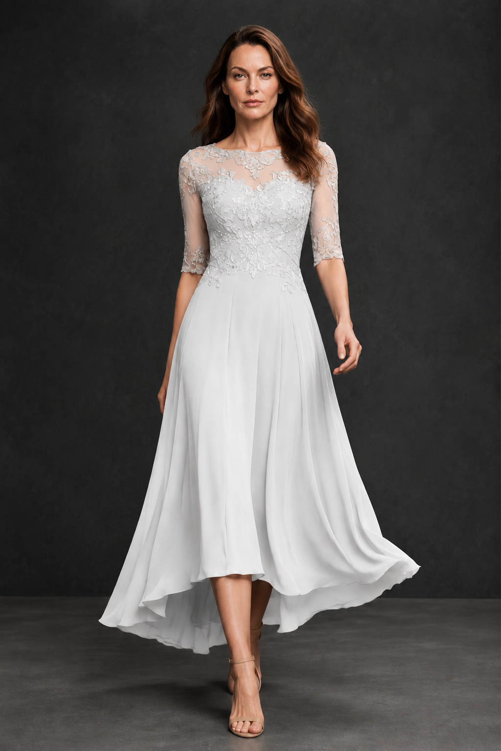 BOLODOO White Illusion Lace 3/4 Sleeve Hi-Lo Chiffon A-Line Dress | Mother of the Bride Tea Length Dress - White