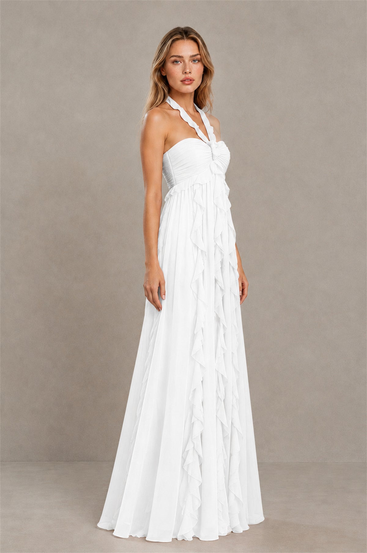 BOLODOO White Halter Ruffle A-Line Floor-Length Evening Dress - White - White_3