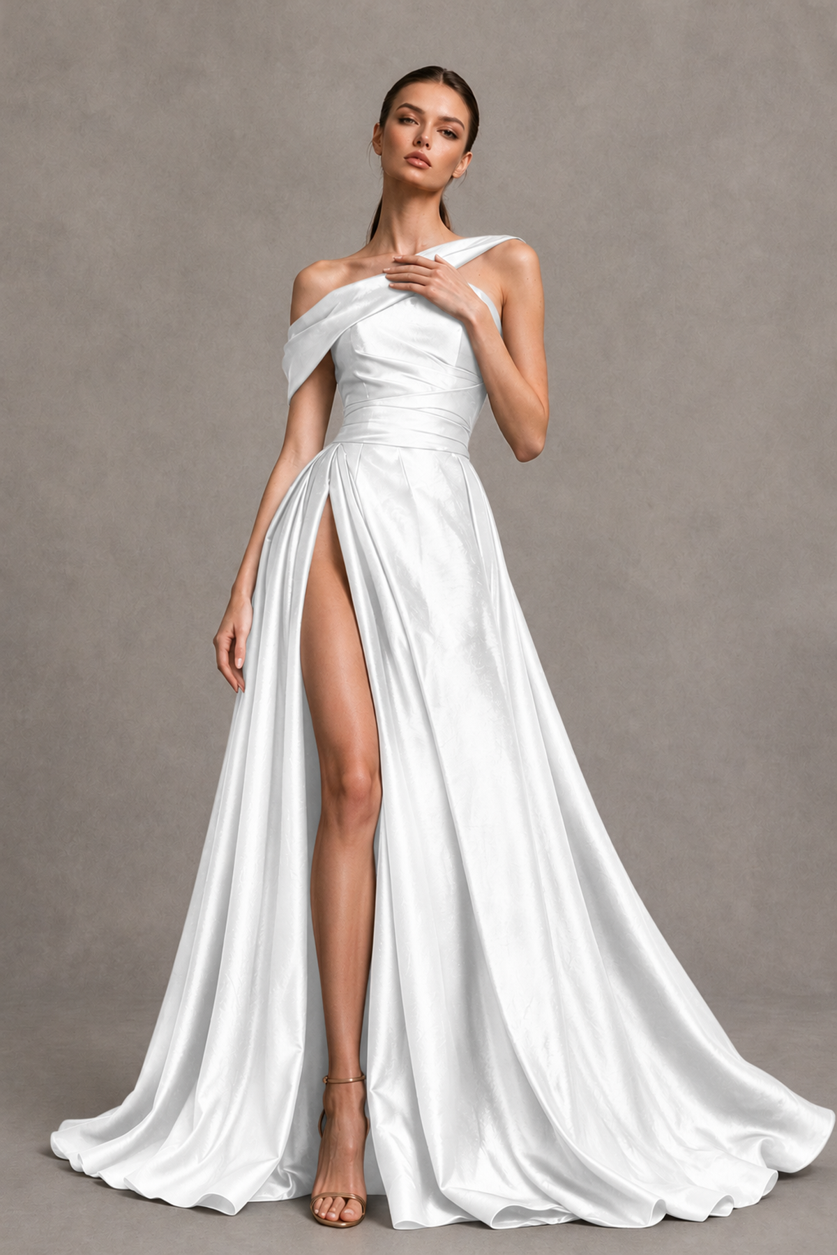 BOLODOO White Asymmetric Satin-Look A-Line Prom Dress with High Slit - White - White_3