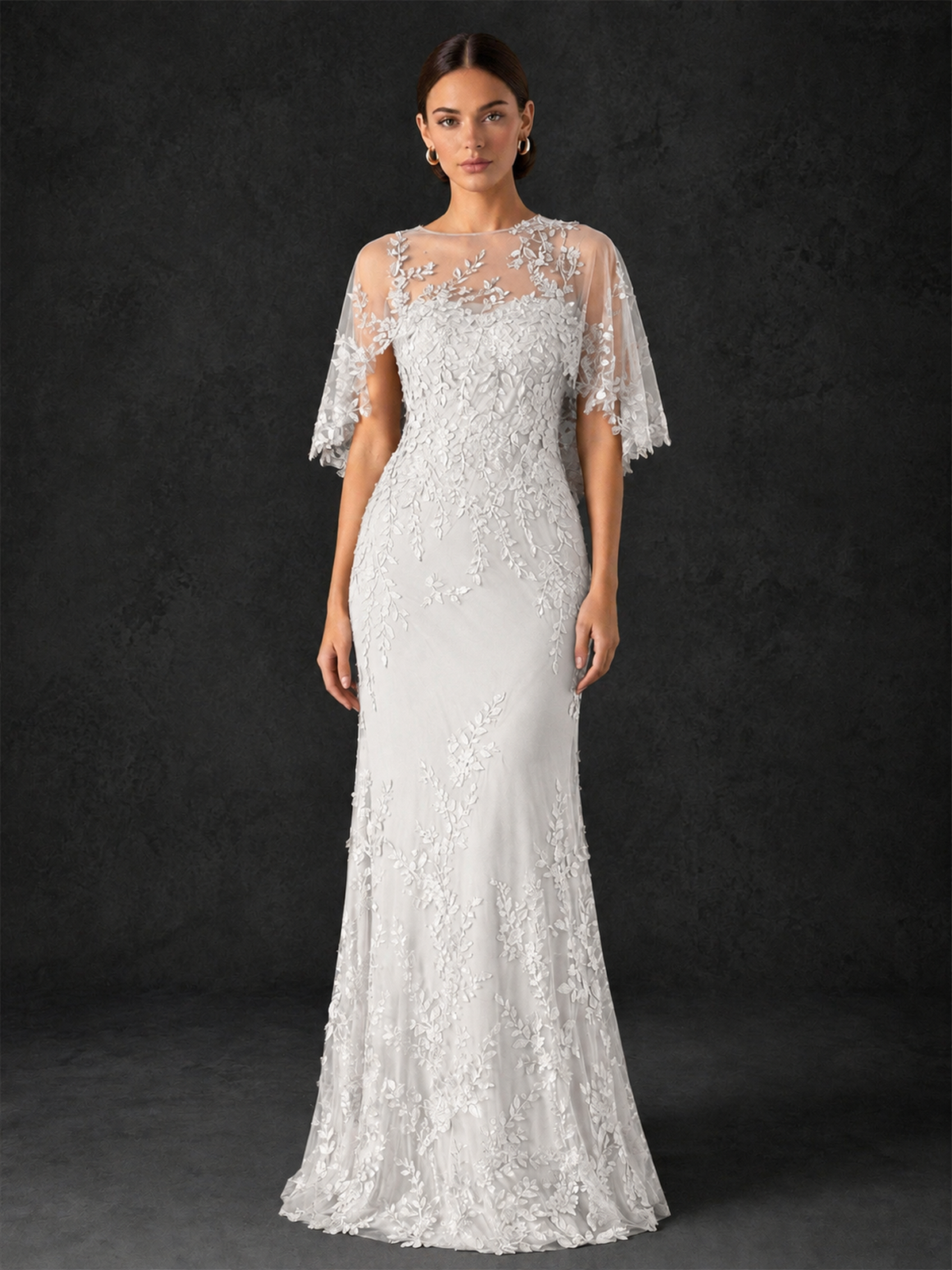 BOLODOO Mocha White Botanical Lace Flutter Sleeve Mermaid Gown - White