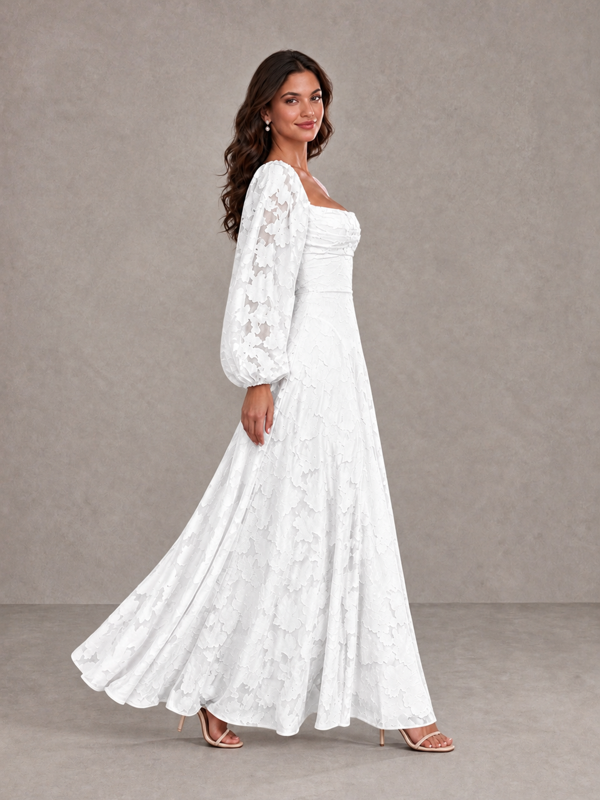 BOLODOO White Floral Long Sleeve A-Line Bridesmaid Dress - White - White_3