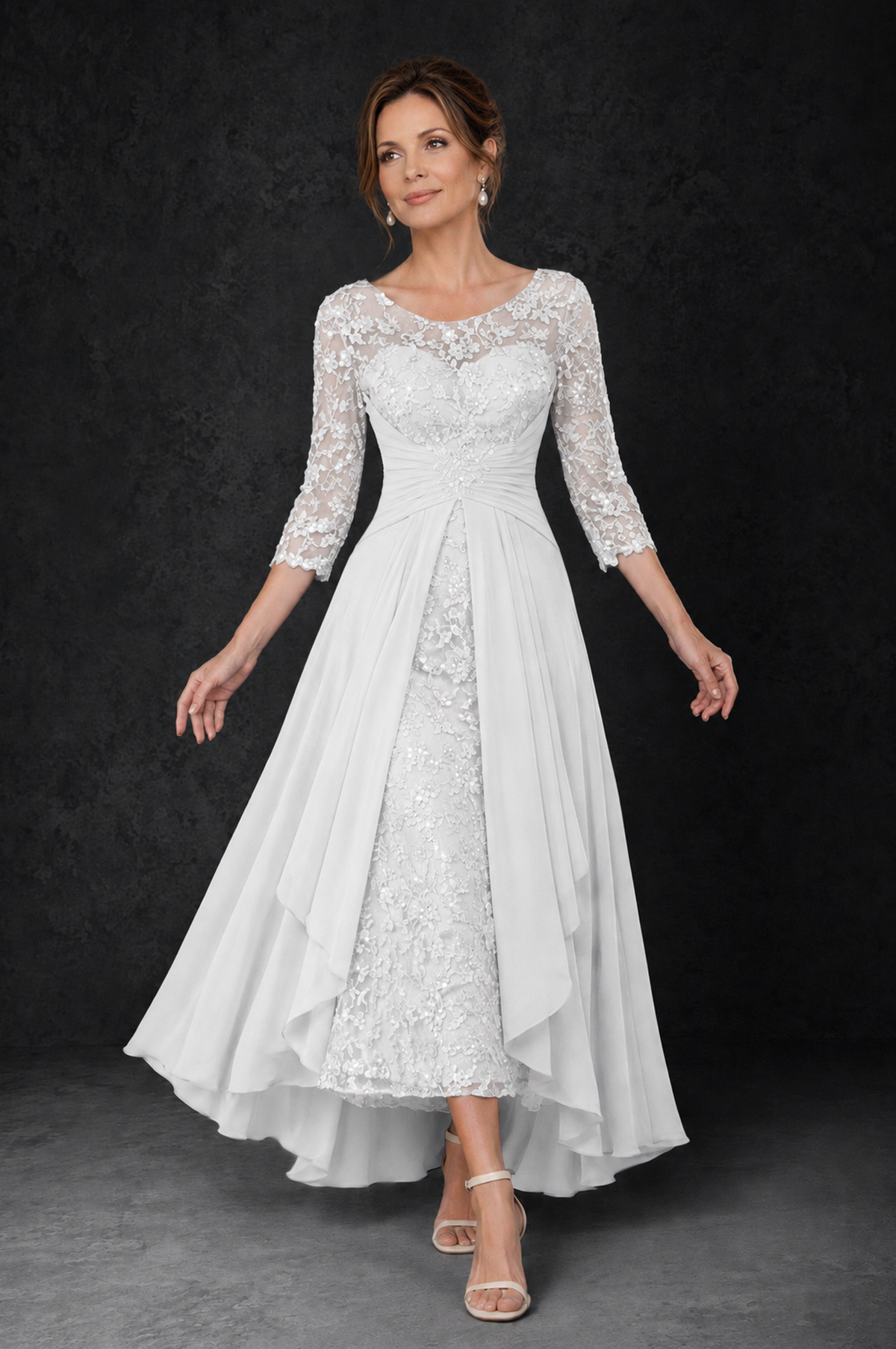BOLODOO White Sequin Lace & Chiffon Tea-Length Mother of the Bride Dress with 3/4 Sleeves - White