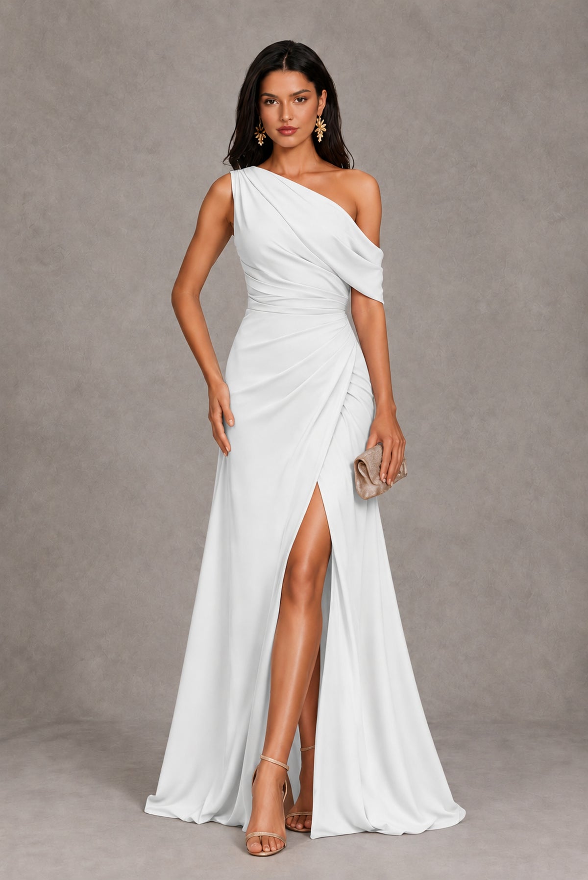 White One-Shoulder Floor-Length Evening Gown with High Slit - White