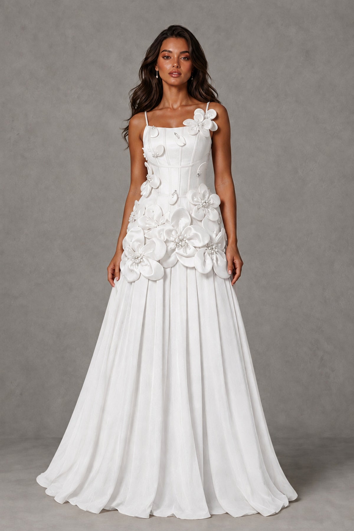 BOLODOO White 3D Floral Appliqué Floor-Length A-Line Evening Gown - White