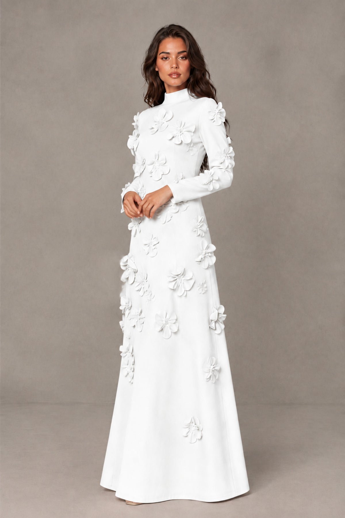 BOLODOO White High Neck Long Sleeve 3D Floral Evening Gown - White