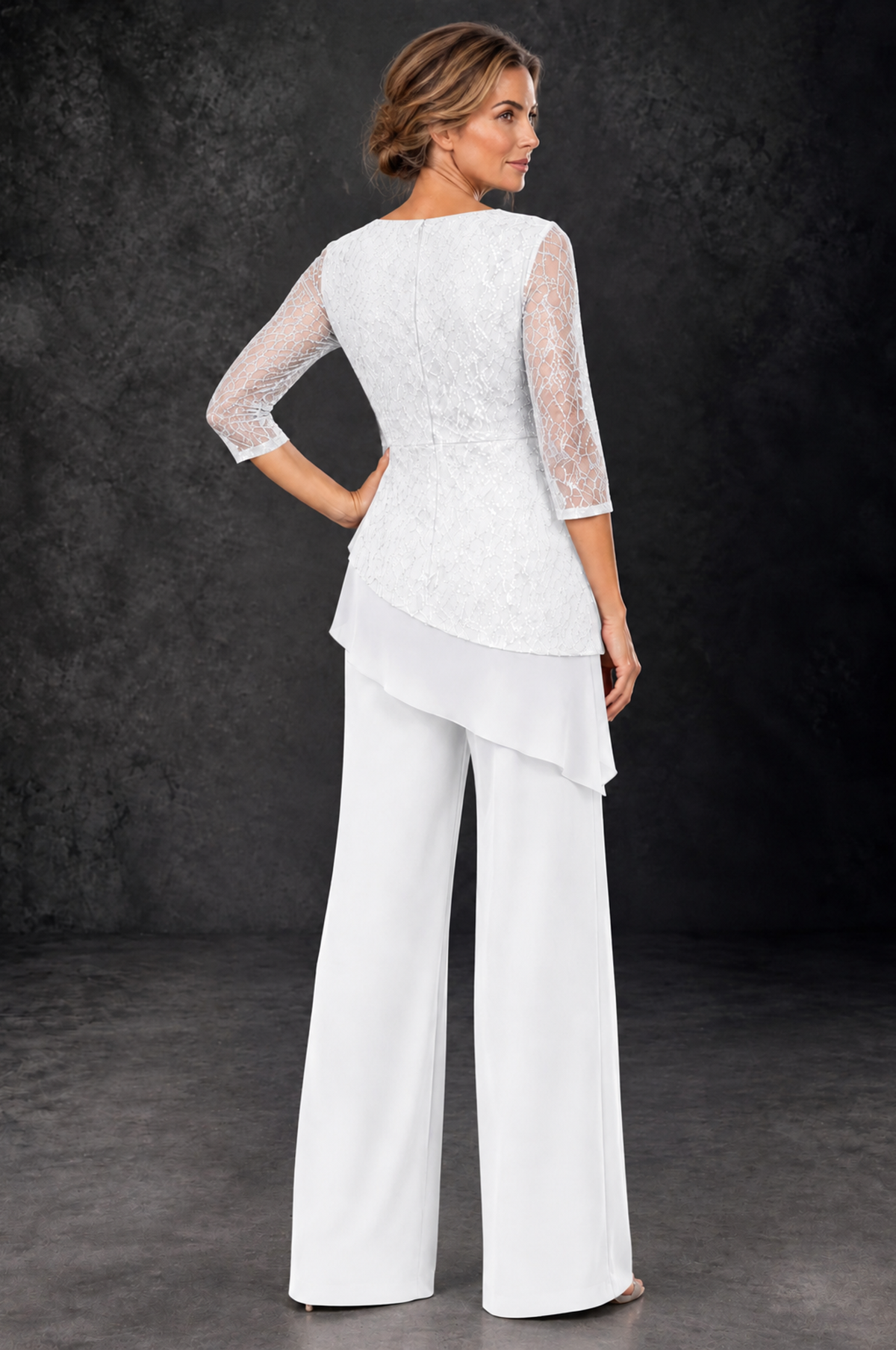 BOLODOO White Sequin Lace 3/4 Sleeve Chiffon Mother of the Bride Pant Suit - White - White_3