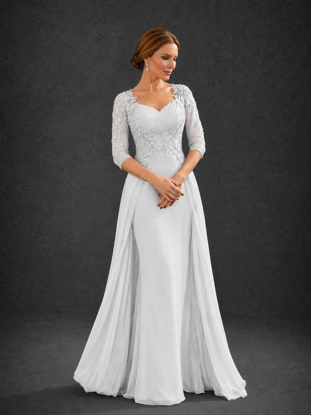 BOLODOO White Sweetheart Neck 3/4 Sleeve Floral Lace Illusion Bodice Chiffon A-Line Gown - White
