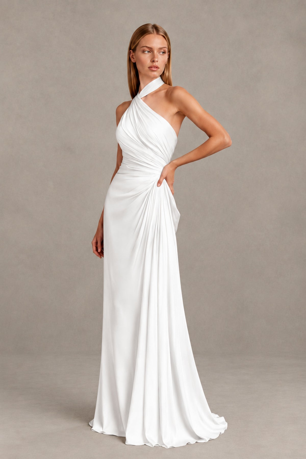 BOLODOO White Twisted Halter Neck Ruched Sleeveless Open Back Floor-Length Gown - White - White_3