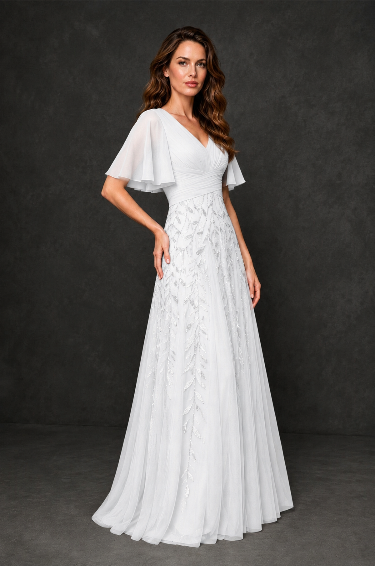 BOLODOO White V-Neck Flutter Sleeve Beaded Botanical Tulle A-Line Gown | Mother of the Bride Evening Dress - White - White_3