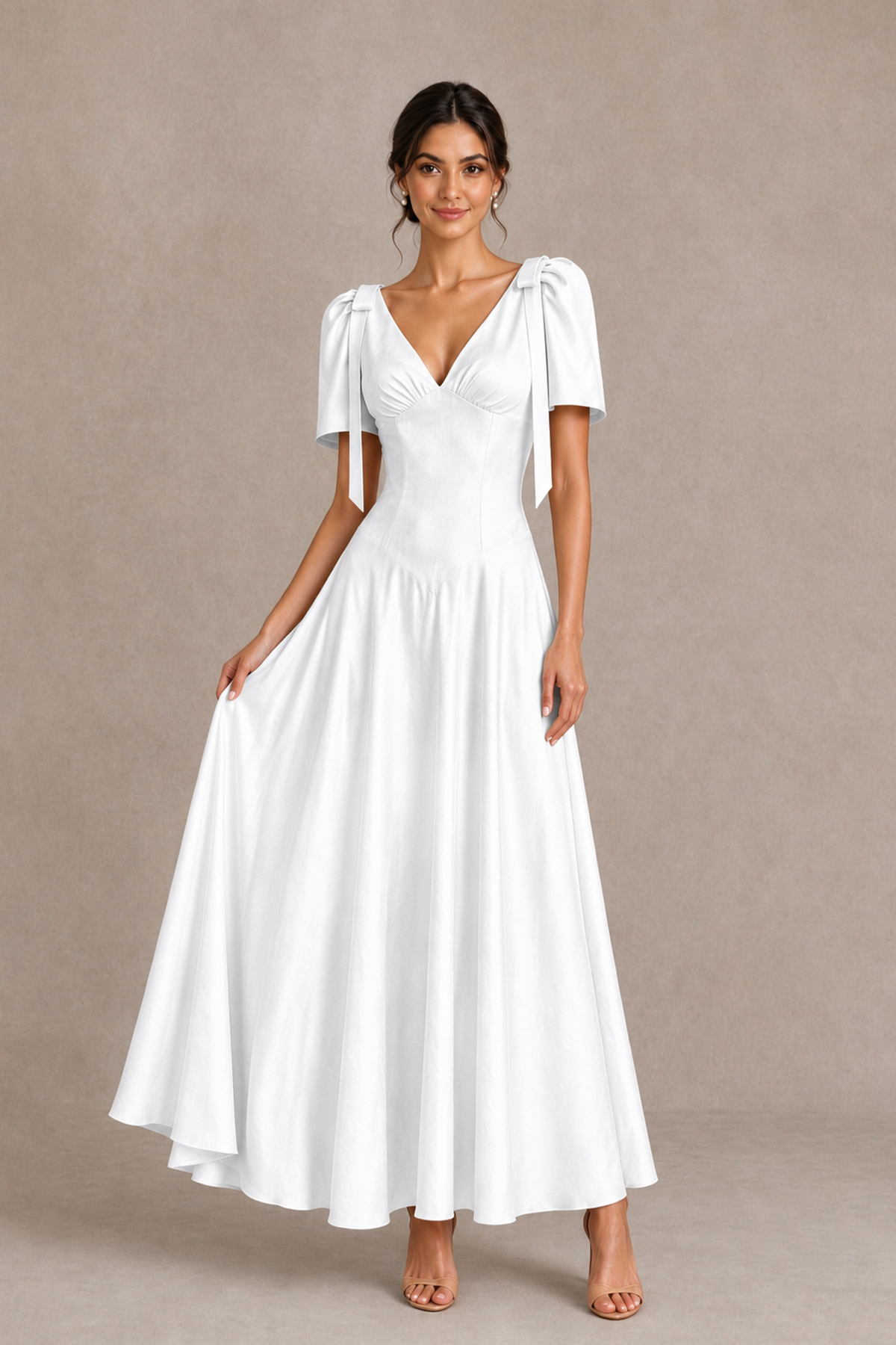 BOLODOO White V-Neck Short Sleeve Satin-Look Bridesmaid Dress with Shoulder Bows - White - White_3