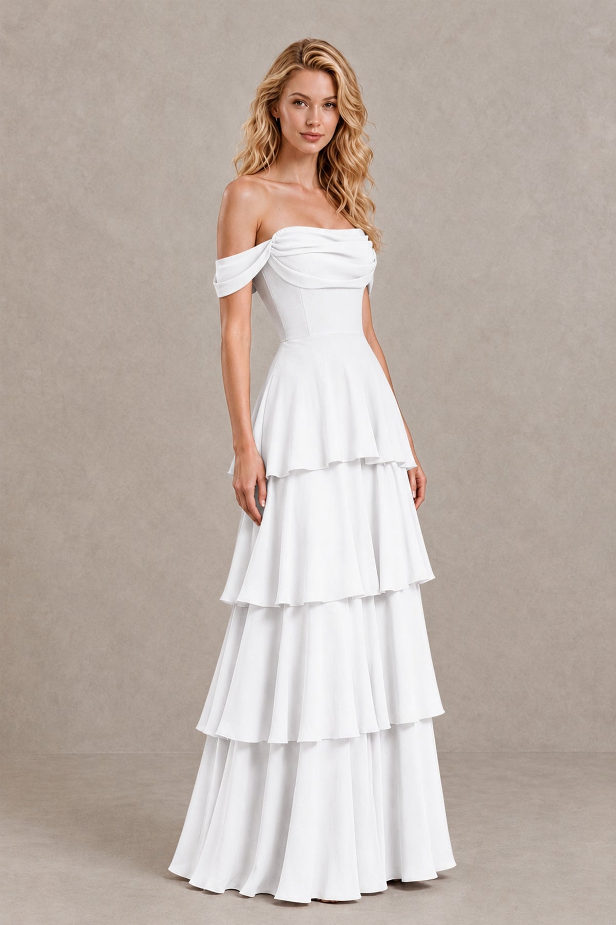 BOLODOO White Off-the-Shoulder Tiered A-Line Evening Bridesmaid Dress - White - White_3