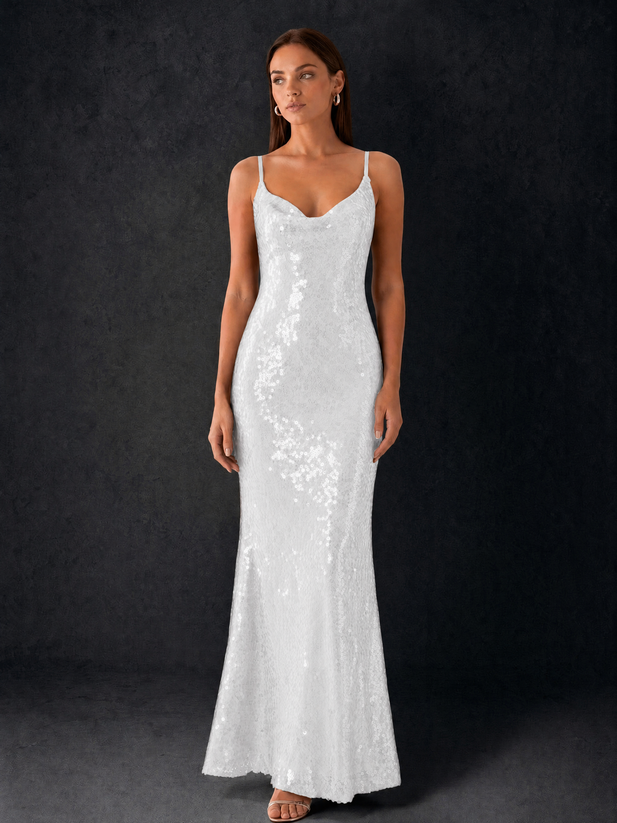BOLODOO Bronze Sequin Cowl Neck Spaghetti Strap Mermaid Maxi Dress with Open Criss-Cross Back - White - White