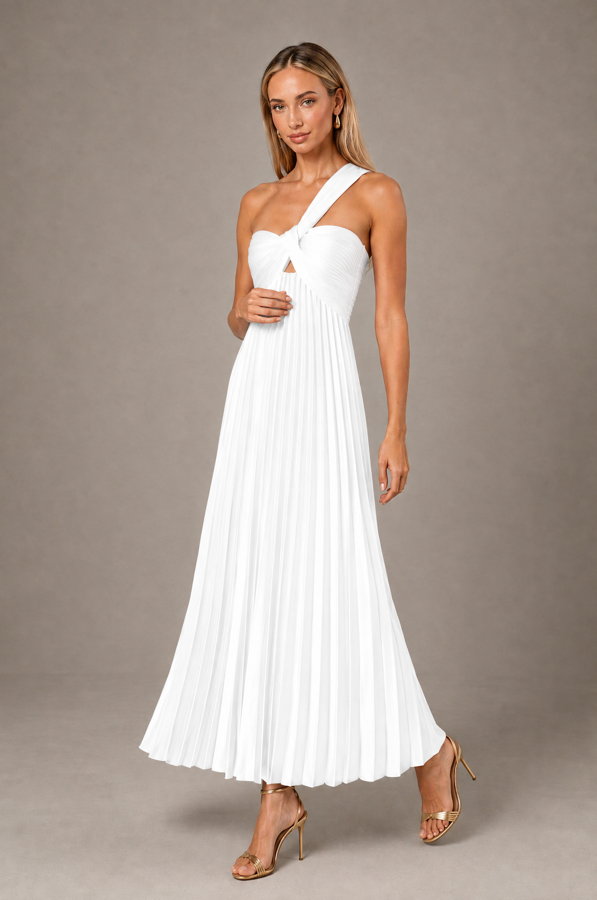 BOLODOO White One-Shoulder Twist Knot Pleated Satin Midi Dress with Cutout - White - White_3