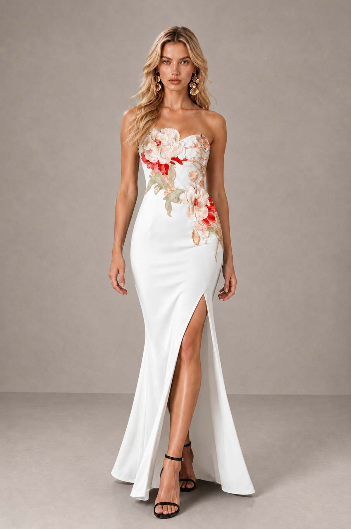 BOLODOO White Strapless Floral Mermaid Evening Dress with Slit - White - White_3