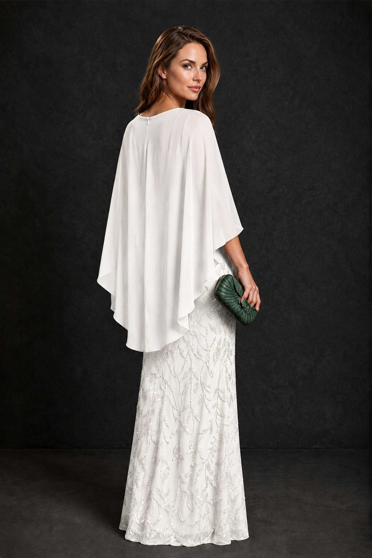 BOLODOO White Round Neck Chiffon Cape Overlay Sequin Lace Mermaid Maxi Dress - White - White_3
