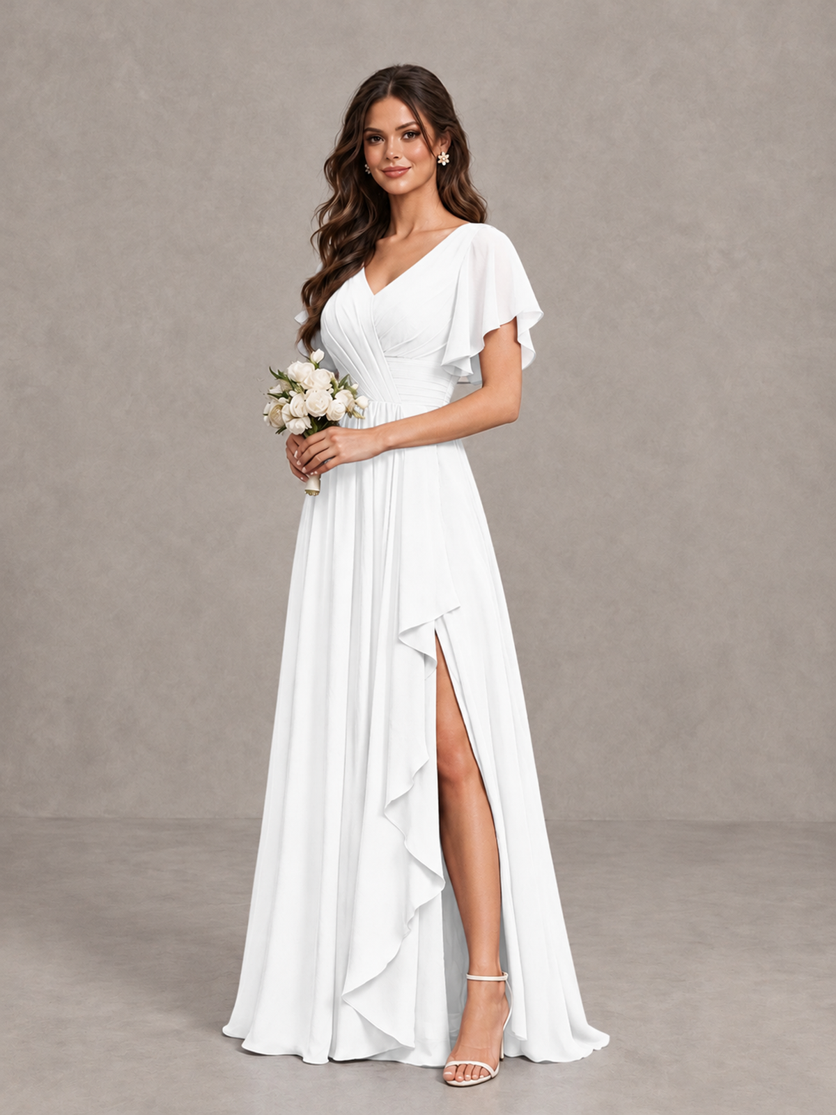 BOLODOO White Flutter Sleeve V-Neck Bridesmaid Dress with Ruffle Slit - White - White_3