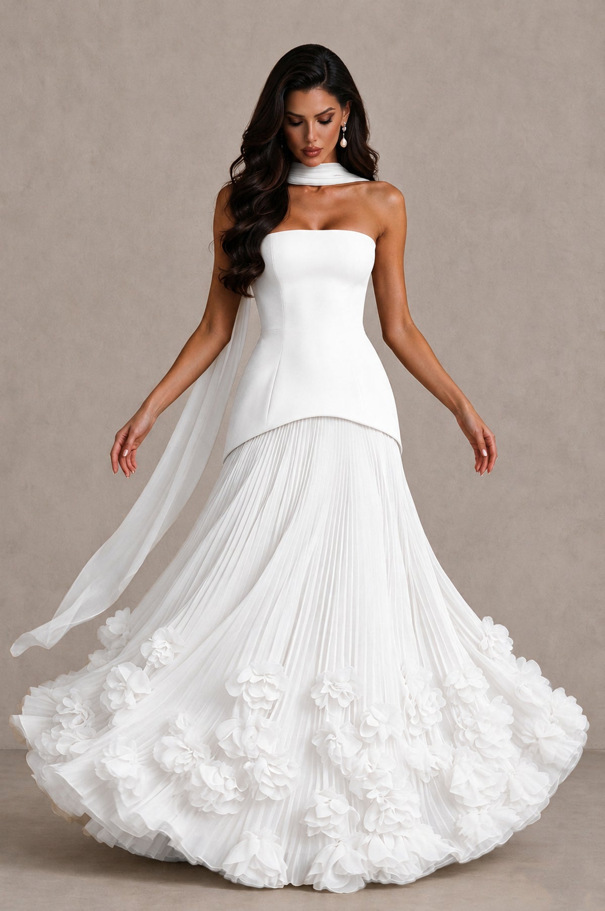 BOLODOO White Strapless Pleated Floral Hem Evening Gown - White - White_3
