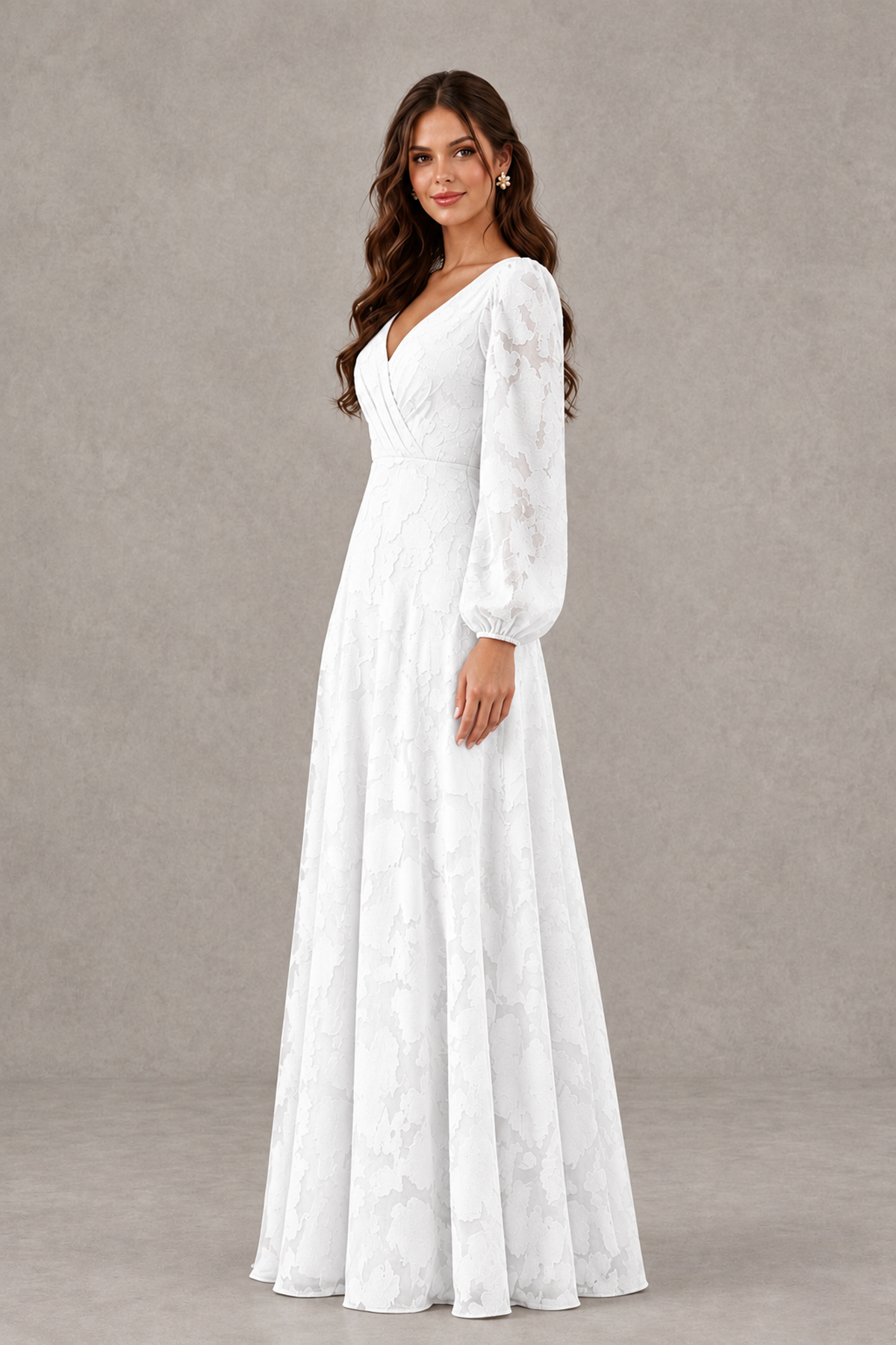 BOLODOO White Long Sleeve V-Neck A-Line Mother of the Bride Dress - White - White_3