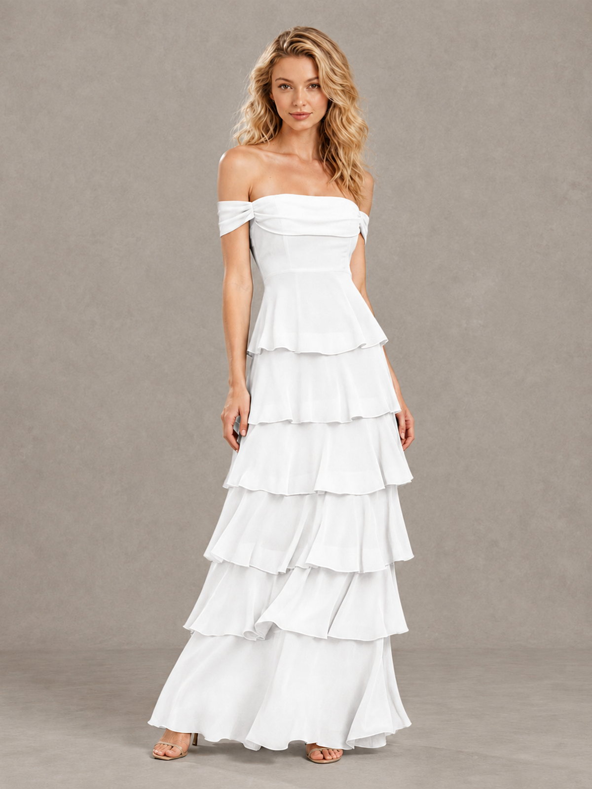 BOLODOO White Off-Shoulder Tiered Ruffle Bridesmaid Dress with Lace-Up Back - White - White_3
