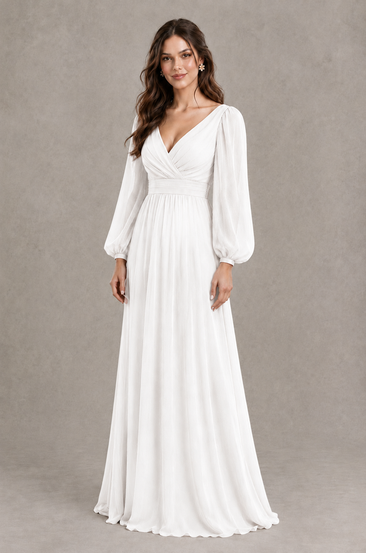 BOLODOO White Long Sleeve V-Neck A-Line Bridesmaid Dress - White - White_3