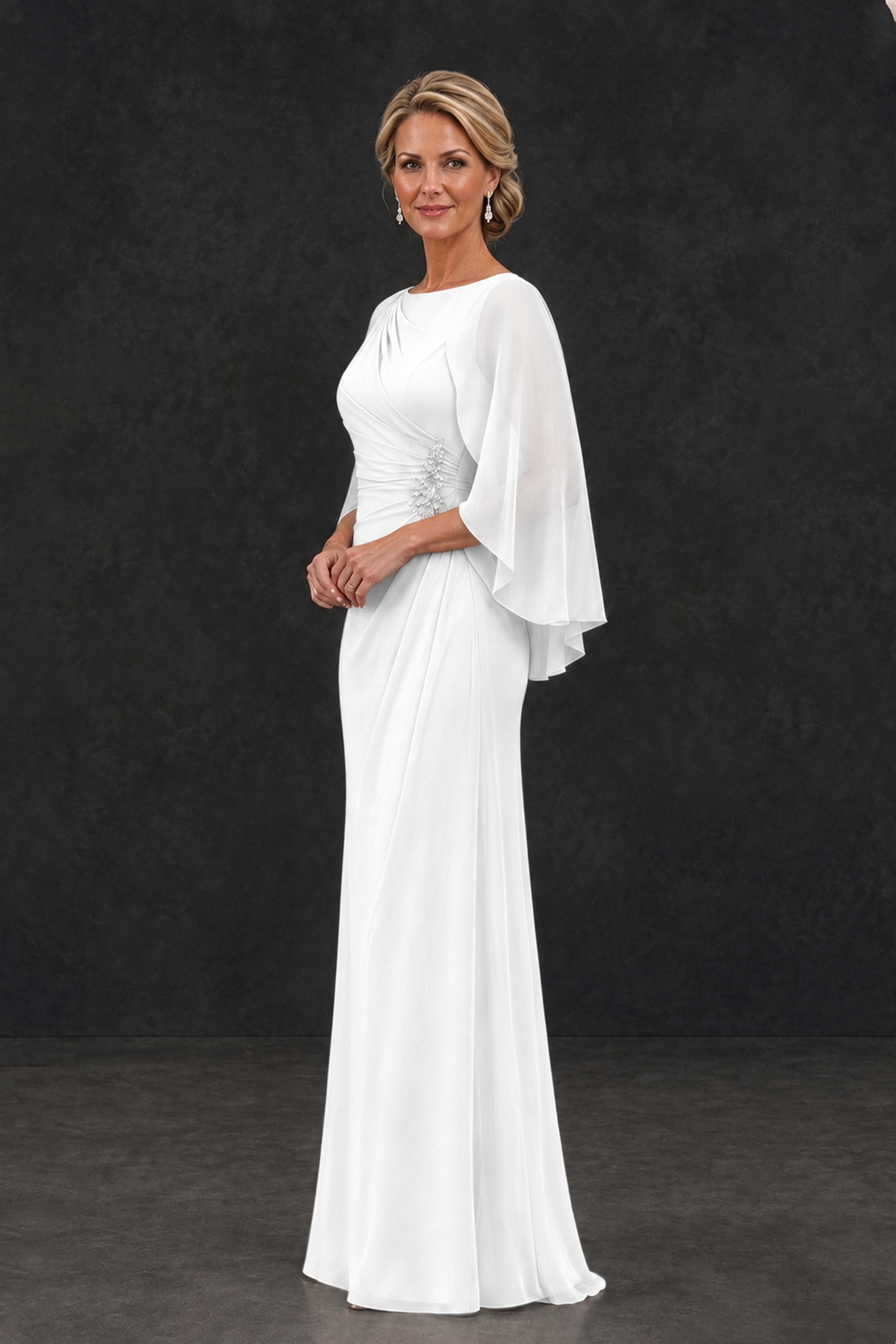 BOLODOO White Cape Sleeve Mother of the Bride Dress with Ruched Waist - White - White_3