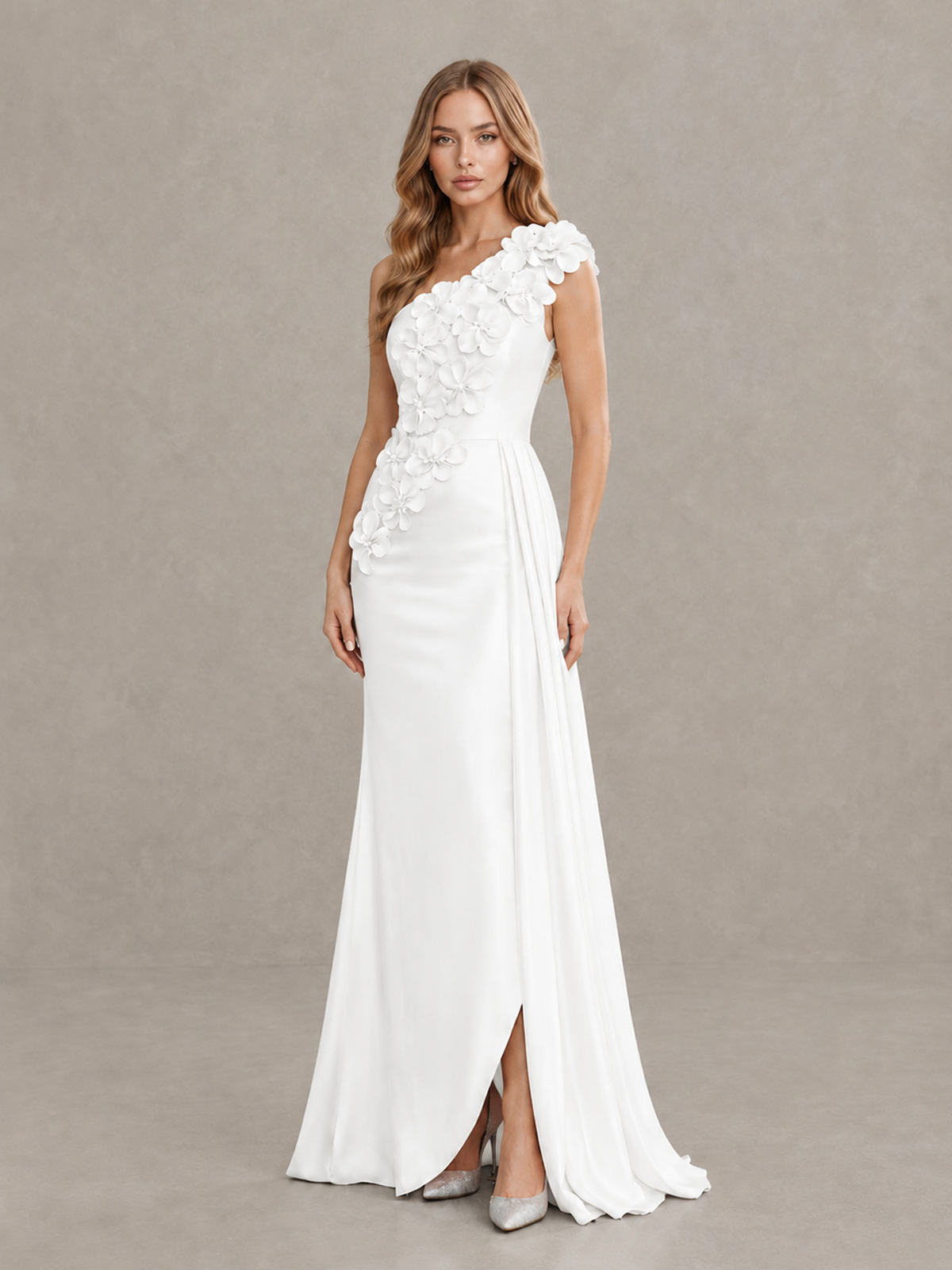 BOLODOO White One-Shoulder Satin Mermaid Evening Gown with 3D Floral Appliqué - White - White_3