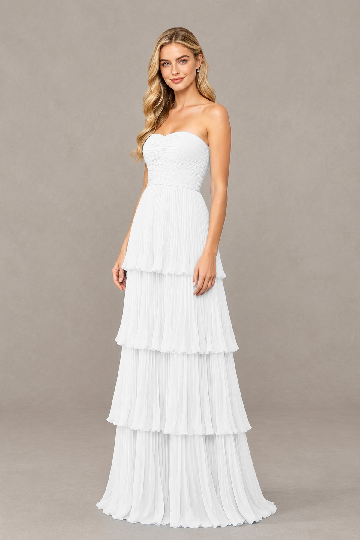BOLODOO White Strapless Tiered Chiffon Maxi Dress - White