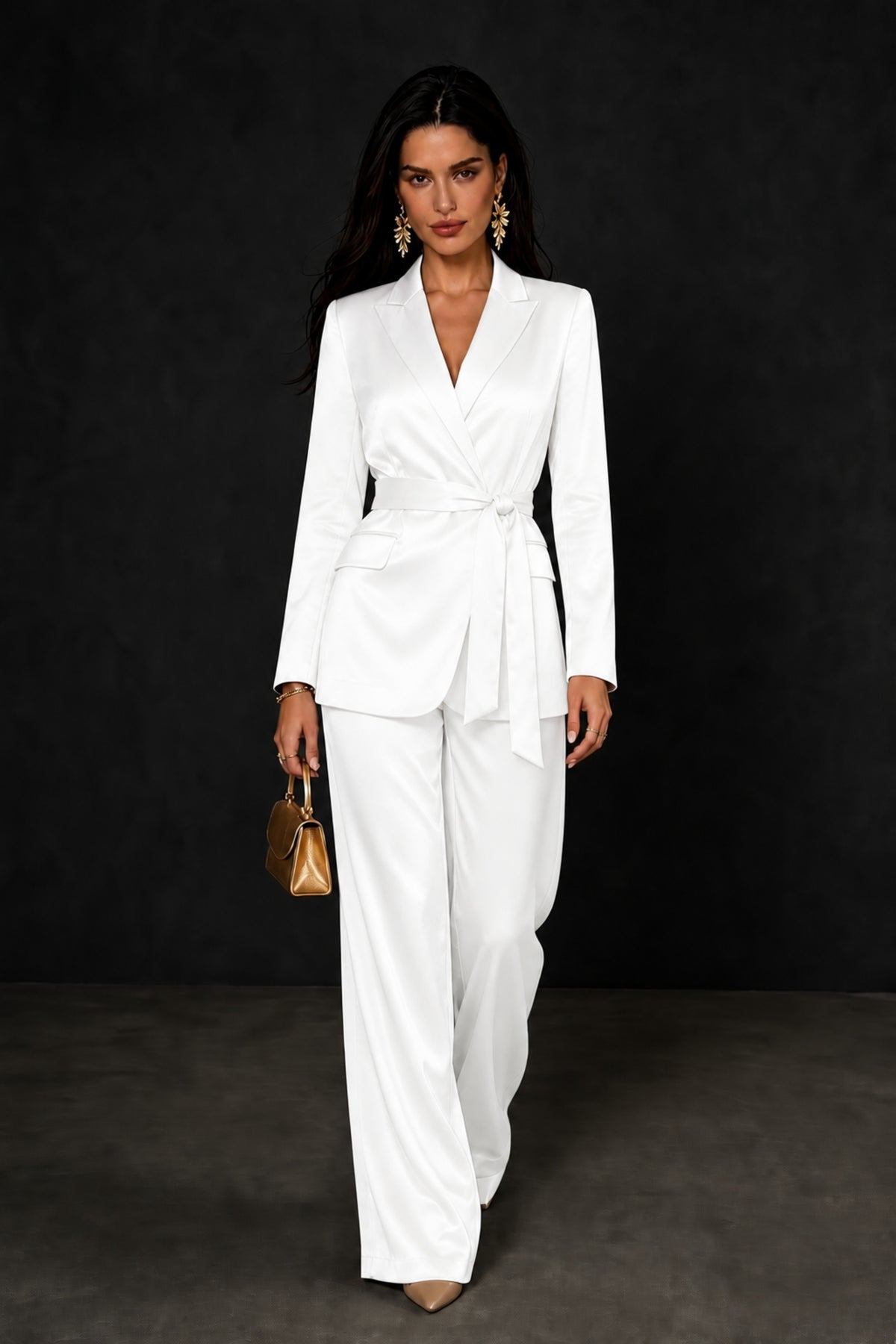BOLODOO White Satin Wrap Blazer Wide-Leg Pants Two-Piece Suit Set – Evening Gala Wedding Guest - White