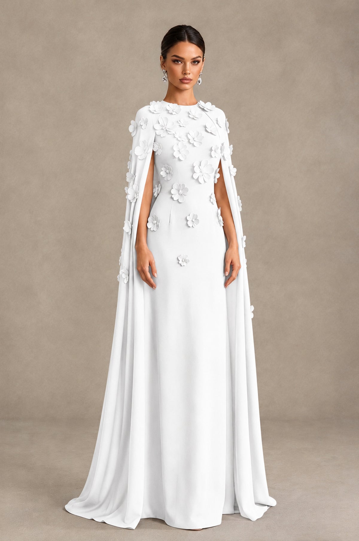 BOLODOO White 3D Floral Applique Cape Formal Dress - White - White_3