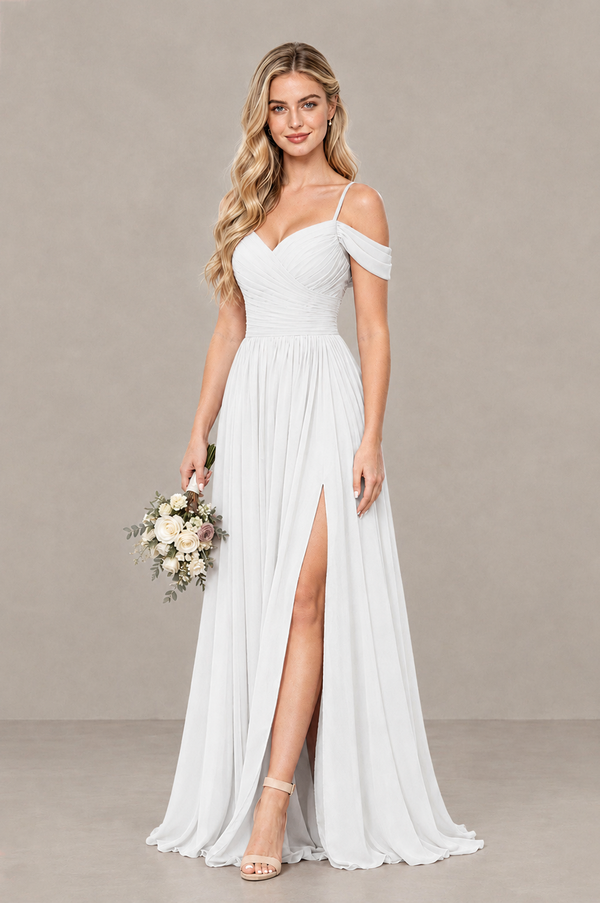 BOLODOO White Off-Shoulder Bridesmaid Dress with Slit - White