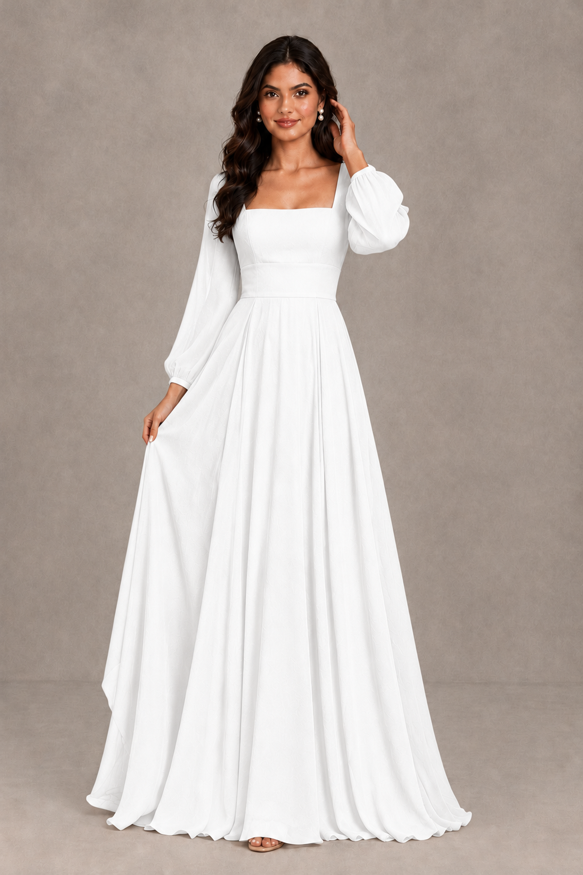 BOLODOO White Square Neck Long Sleeve A-Line Bridesmaid Dress - White - White_3